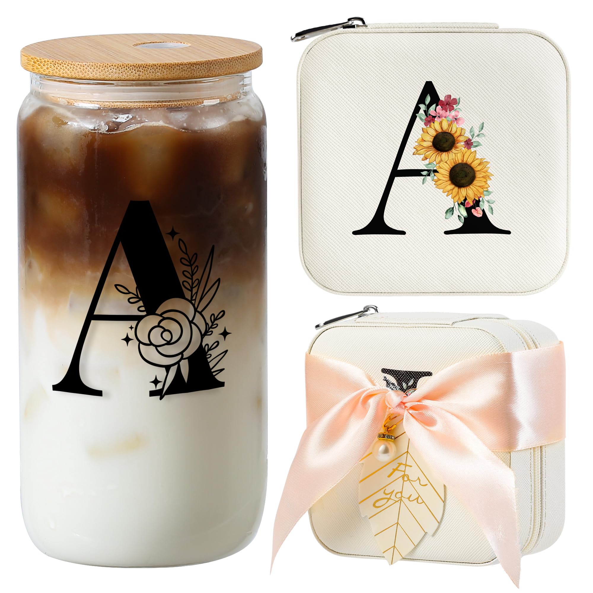 AYGXU Teacher appreciation gifts,Initial glass cup with initial Jewelry Box,Jewelry Case Organizer,iced coffee cups,Travel Gifts for Women Girls,Birthday Gifts,Initial A white