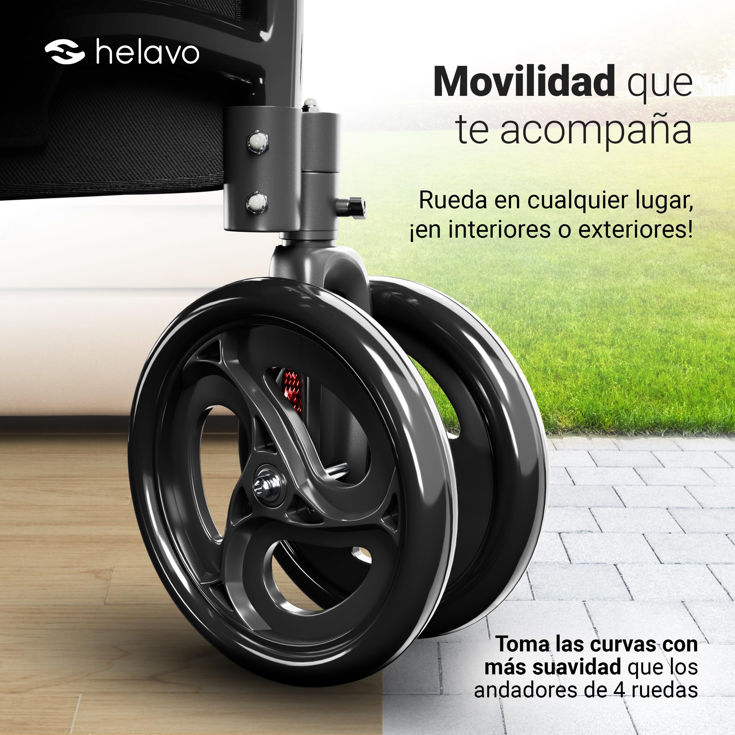 Helavo Andador de 3 Ruedas con Ruedas Dobles Delanteras - sólo 5,5 kg, Plegable, Estrecho, Andador para Adulto de Interior y Exterior, Andador Para Anciano de Aluminio