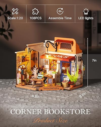 Miniatura 5 de Rolife Kit de casa en miniatura para bricolaje, librería a escala 1:20, kit de construcción de mini casa con luces LED, kits de manualidades