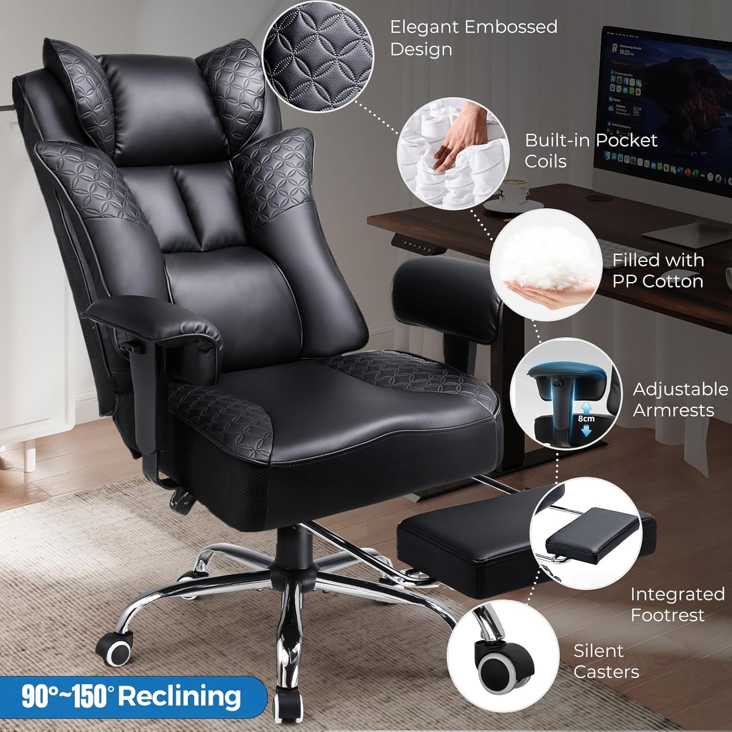 GTPLAYER Big and Tall Office Chair 400LBS Wide Ergonomic Gaming Chair with Deluxe Embossing Designed Leather with Foot Rest,150°Reclining Adjustable Soft Armrests Pocket Spring Back Support and Pillow - Image 8