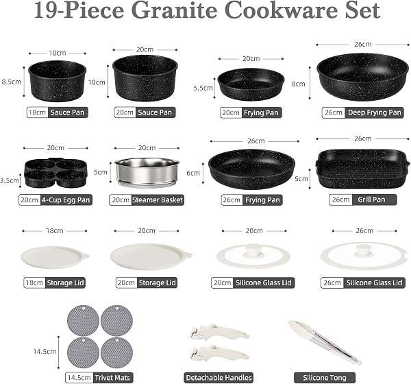 RIOVARM Induction Batterie de cuisine avec Poignées Détachables, Antiadhésive Sets de poêles et casseroles avec Couvercles, Poêle à frire Sans PFOA Poêles à griller Poêle à steak Poêles à omelette - 2
