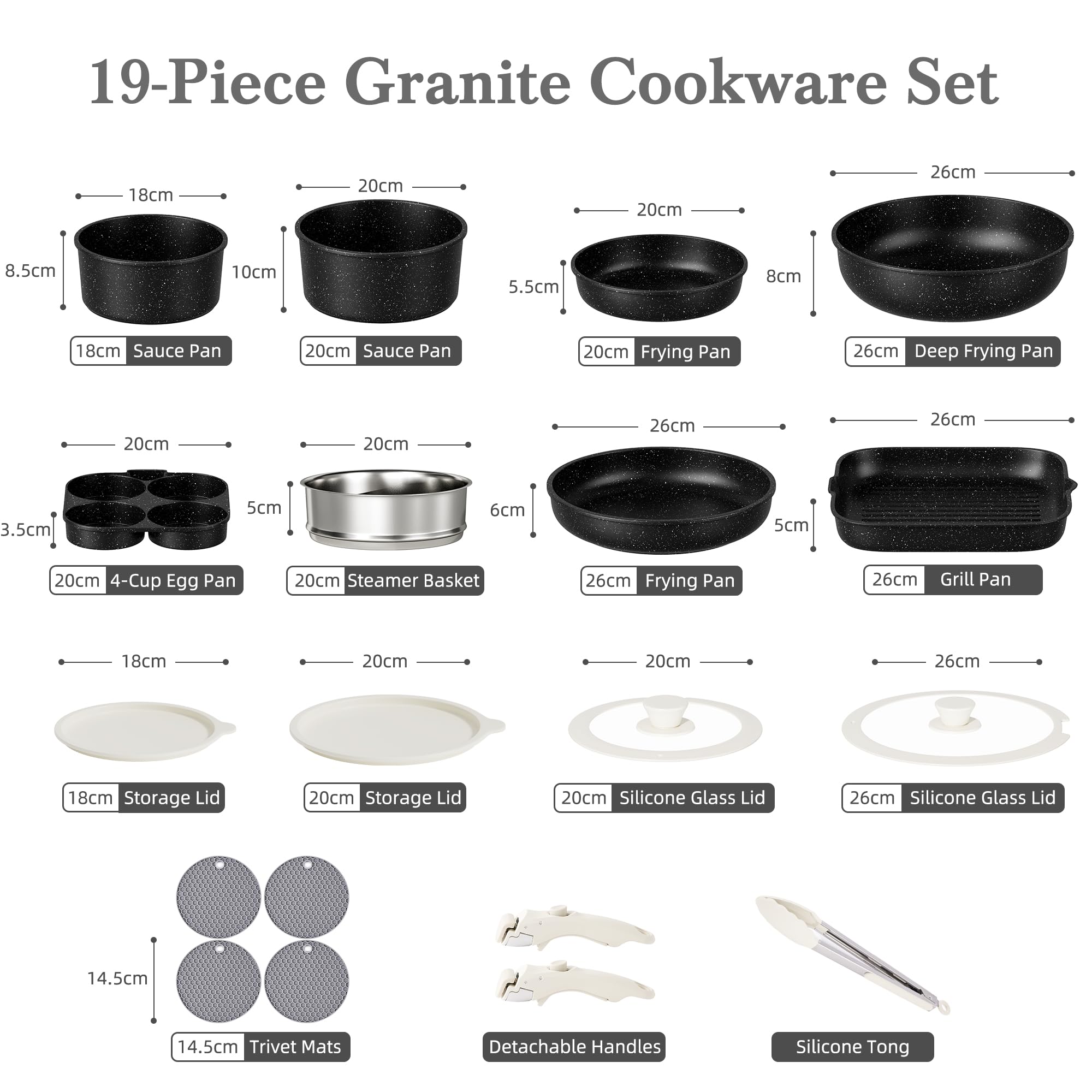 RIOVARM Induzione Set di pentole e padelle con manici staccabili, Antiaderente Padelle grill, Impilabile Casseruole con coperchi, Padella per omelette Senza PFOA, per tutti i tipi di fornelli