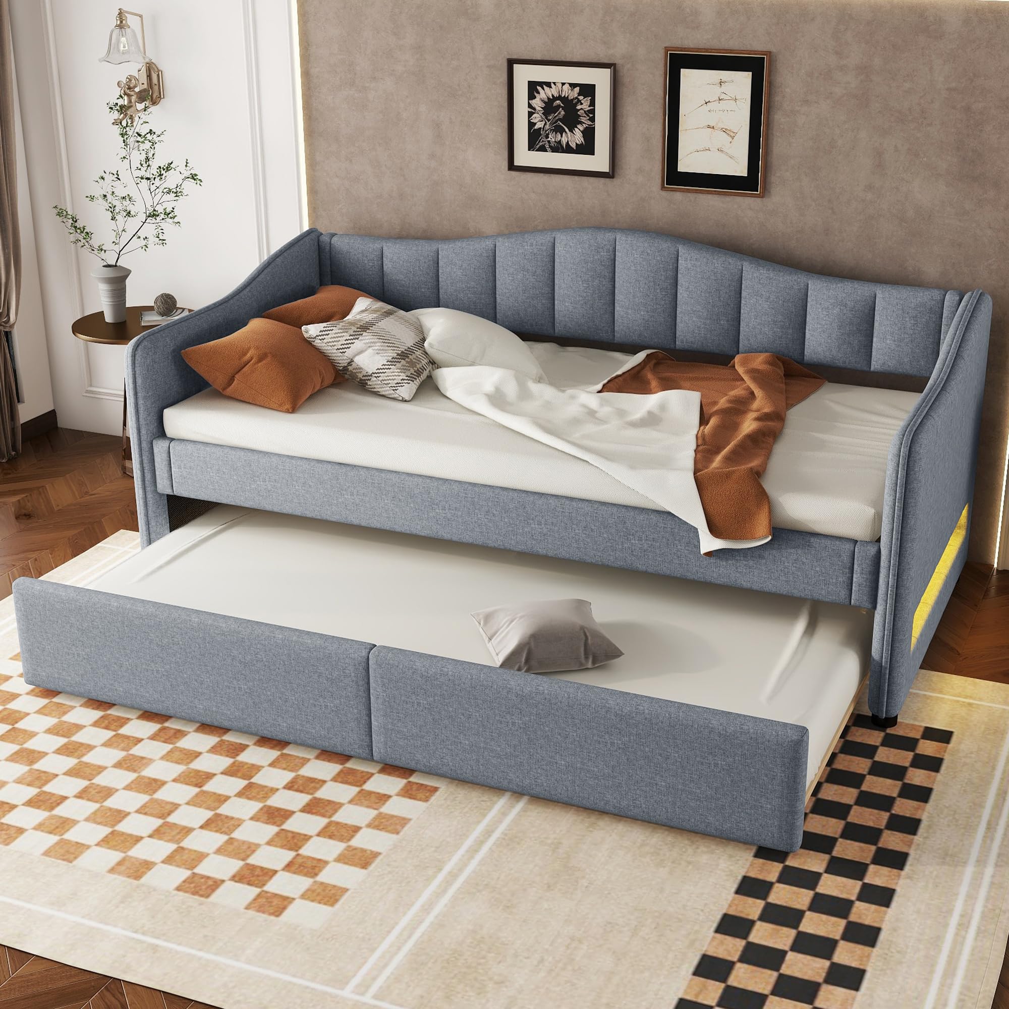 Letto giornaliero con letto estraibile, divano letto, letto singolo (senza materasso), design della luce, in lino, stile minimalista, 90 x 200 cm (grigio)