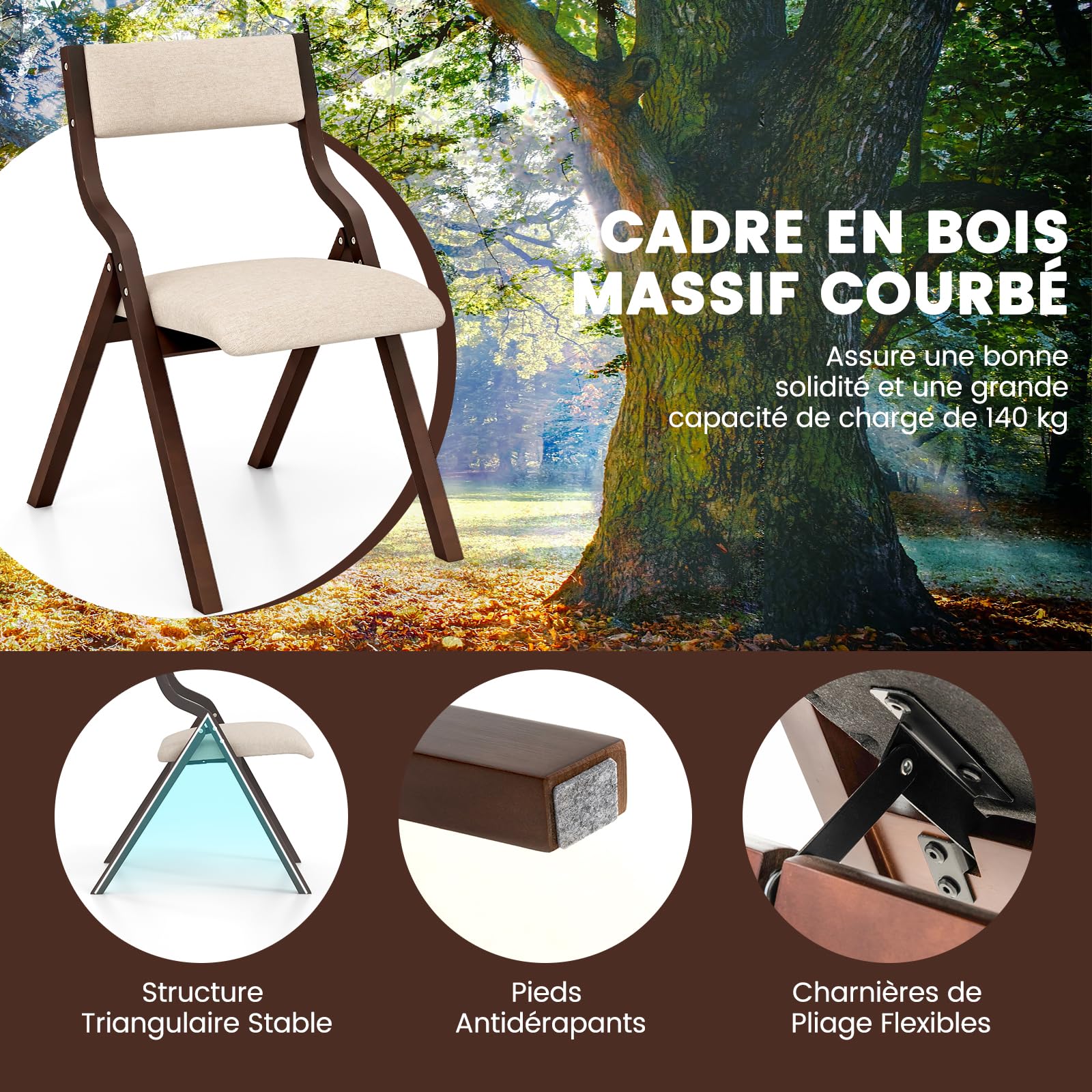 RELAX4LIFE Lot de 2 Chaise Pliante Bois, Chaise Pliable Salle a Manger avec Siège Rembourré, Cadre Courbé, Housse en Lin, Peu Encombrante, pour Cuisine, Salle à Manger, Bureau (Noyer,1)