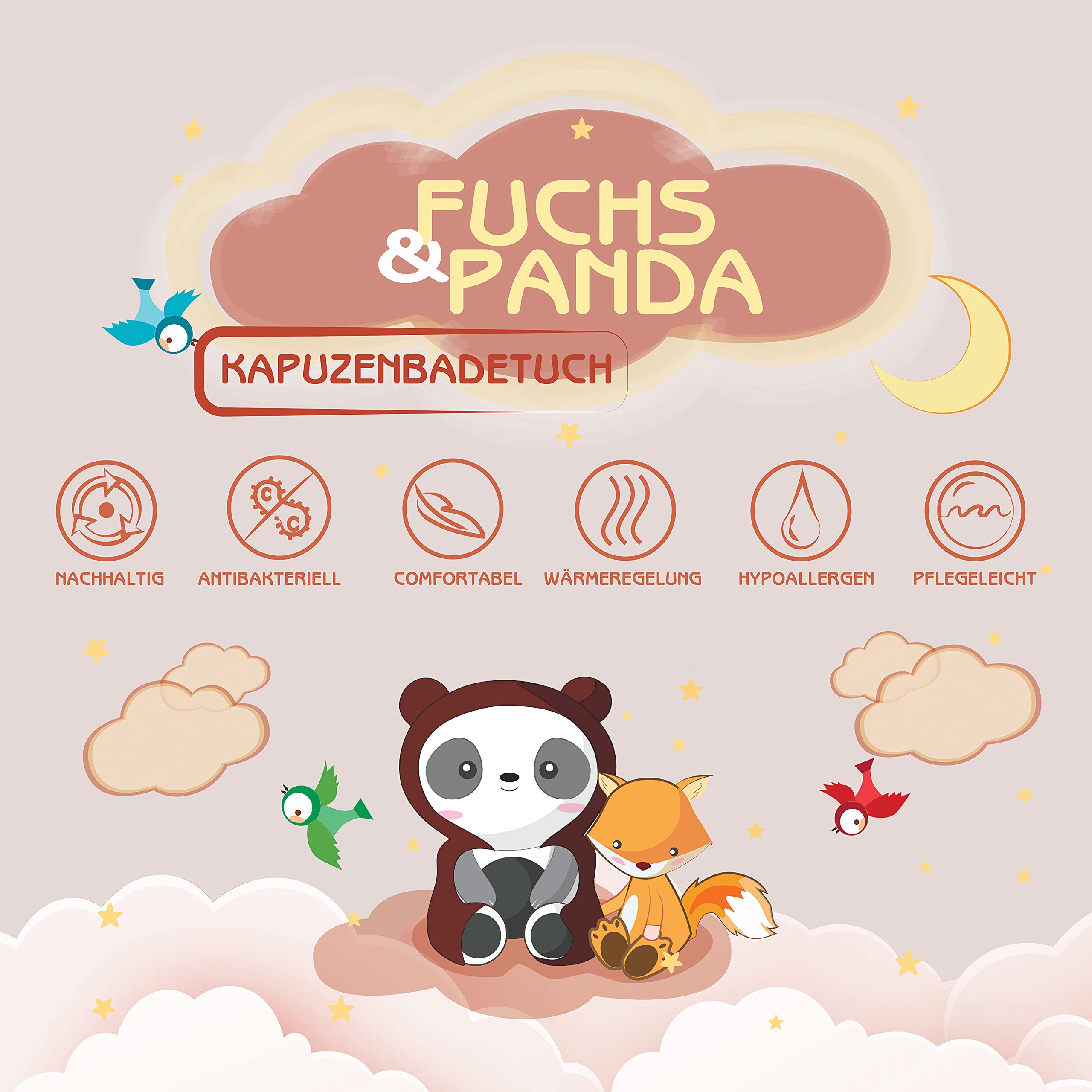 FUCHSUNDPANDA ® Asciugamano con cappuccio per bambini EXTRA spesso, caldo e morbido | 75x75cm Asciugamano per bambini con cappuccio (100% bambù) | Asciugamano per bambini con cappuccio con fantastica