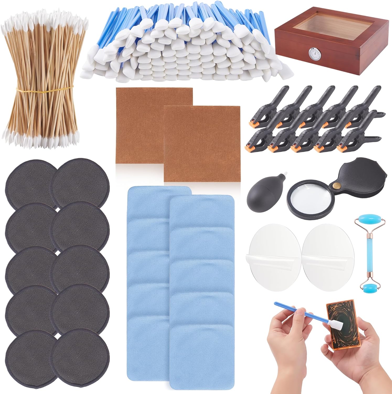 FOFOWHAT 238 Pcs Card Cleaning Kit Trading Care Tool Accessory Kit Include Clear Acrylic Round Plates Dust-Blowing Ball Upgrade for Double Ended Roller Wooden Box Magnifying Glass