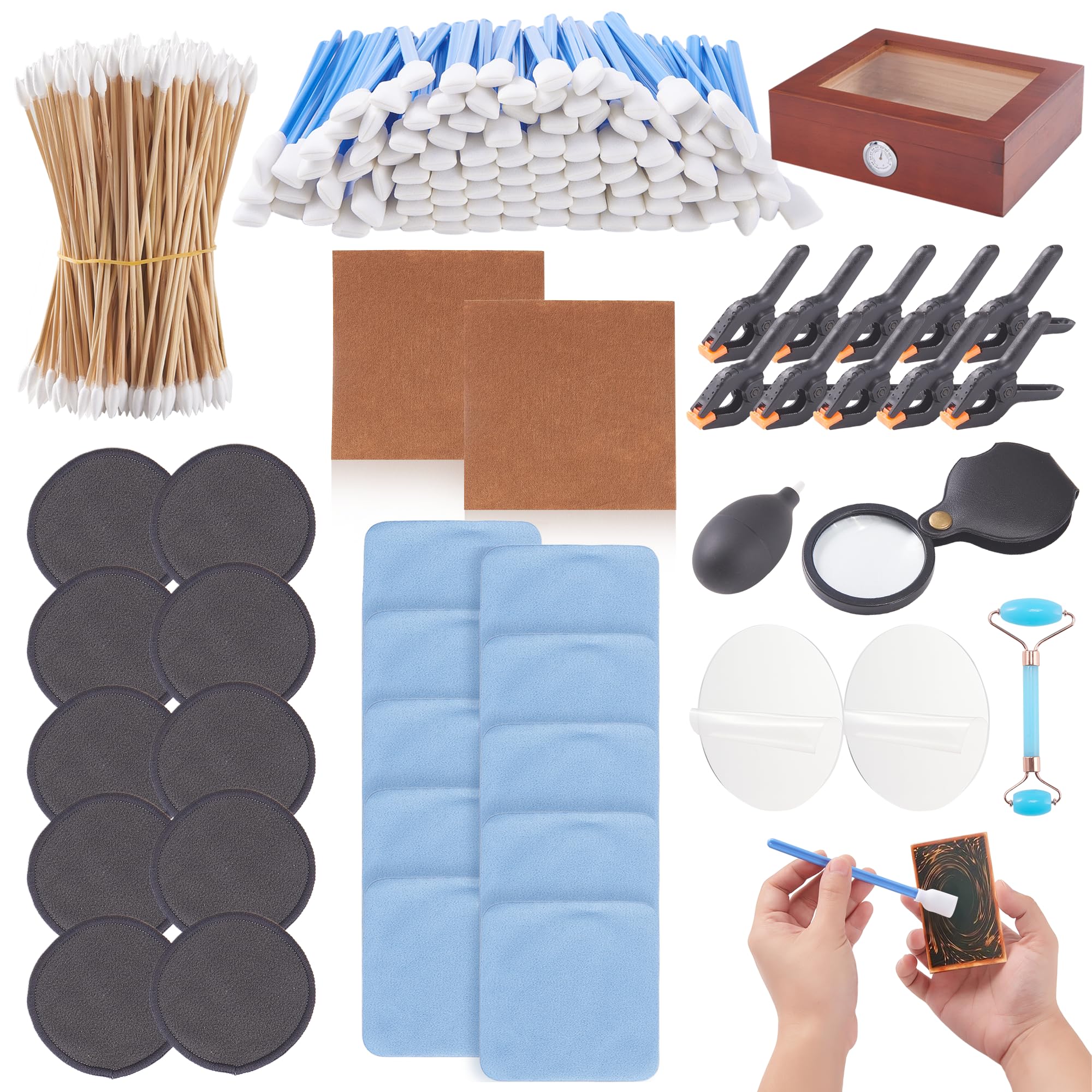 FOFOWHAT 238 Pcs Card Cleaning Kit Trading Care Tool Accessory Kit Include Clear Acrylic Round Plates Dust-Blowing Ball Upgrade for Double Ended Roller Wooden Box Magnifying Glass
