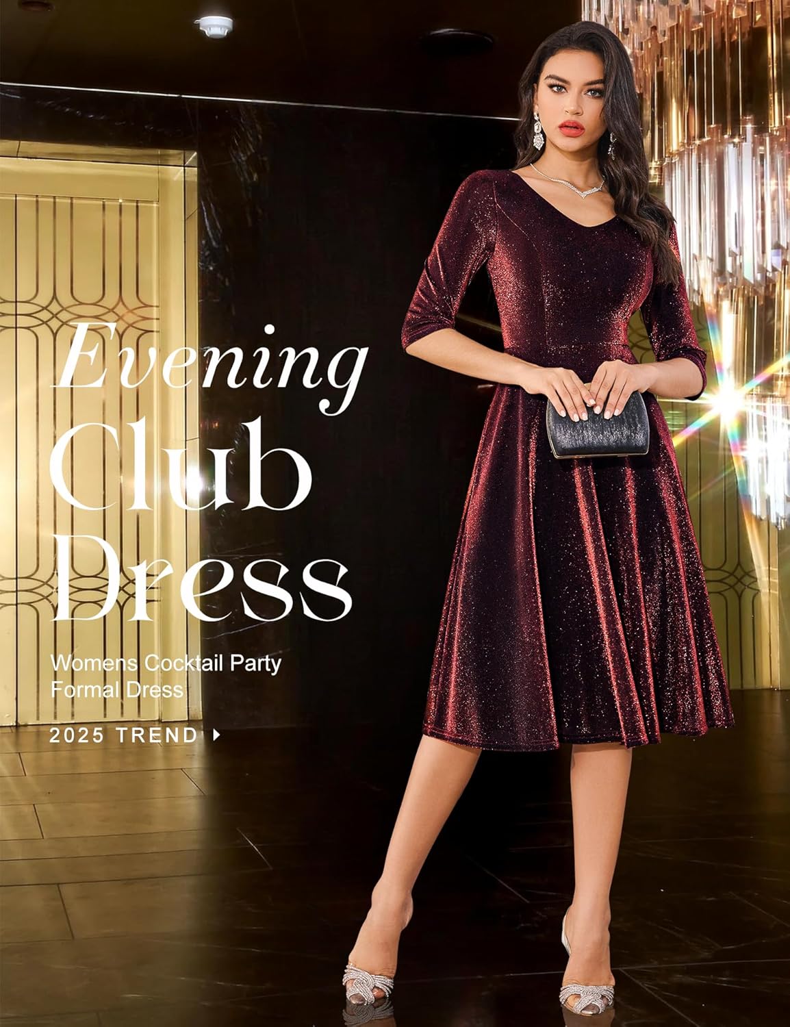 Dressystar Womens Velvet Midi Sequin Cocktail Dress Fall Winter Long Sleeve Formal Wedding Guest Party Dresses with Pocket - Image 2