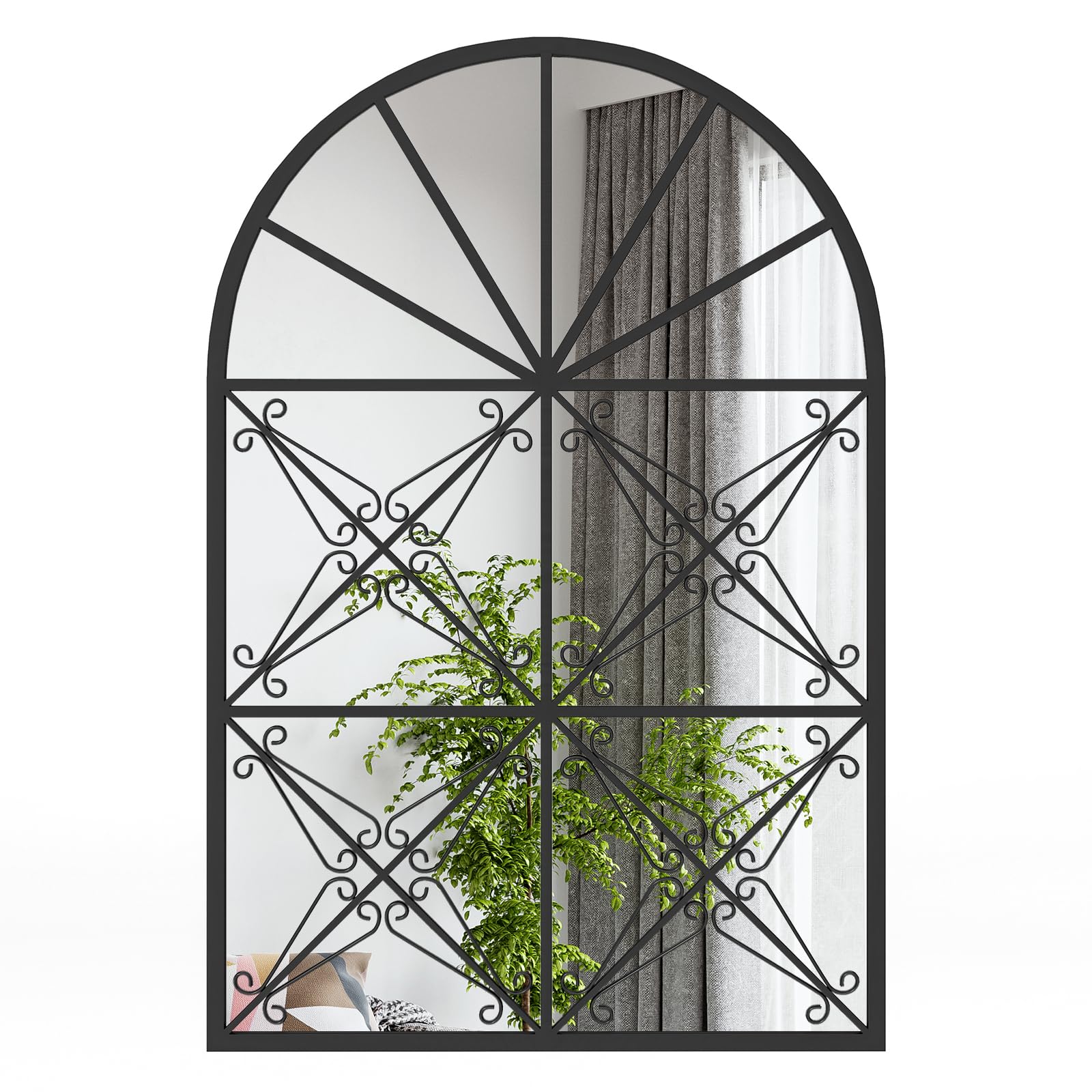 LIFEZEAL Espejo de Pared, 58 x 87 cm, Espejo Decorativo Arqueado, con Marco de Metal, Espejo HD para Salón, Recibidor, Entrada y Dormitorio, Vintage, Negro | Espejo decorativo HD para salón, entrada y chimenea, estilo vintage