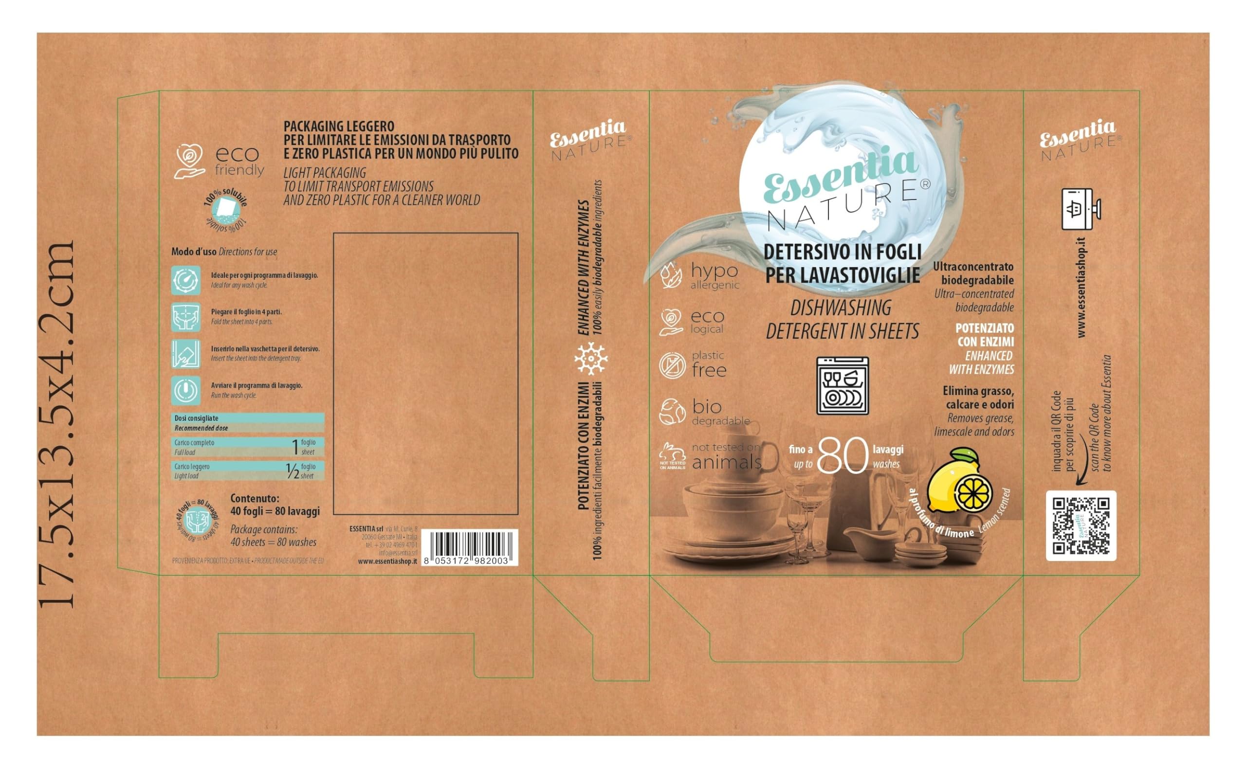 ESSENTIA Detersivo Ecologico in Fogli per Lavastoviglie | 3 Confezioni da 80 Lavaggi | Ultraconcentrato e Biodegradabile con Enzimi Naturali | Profumo Limone | Elimina Calcare e Odori | Plastic Free