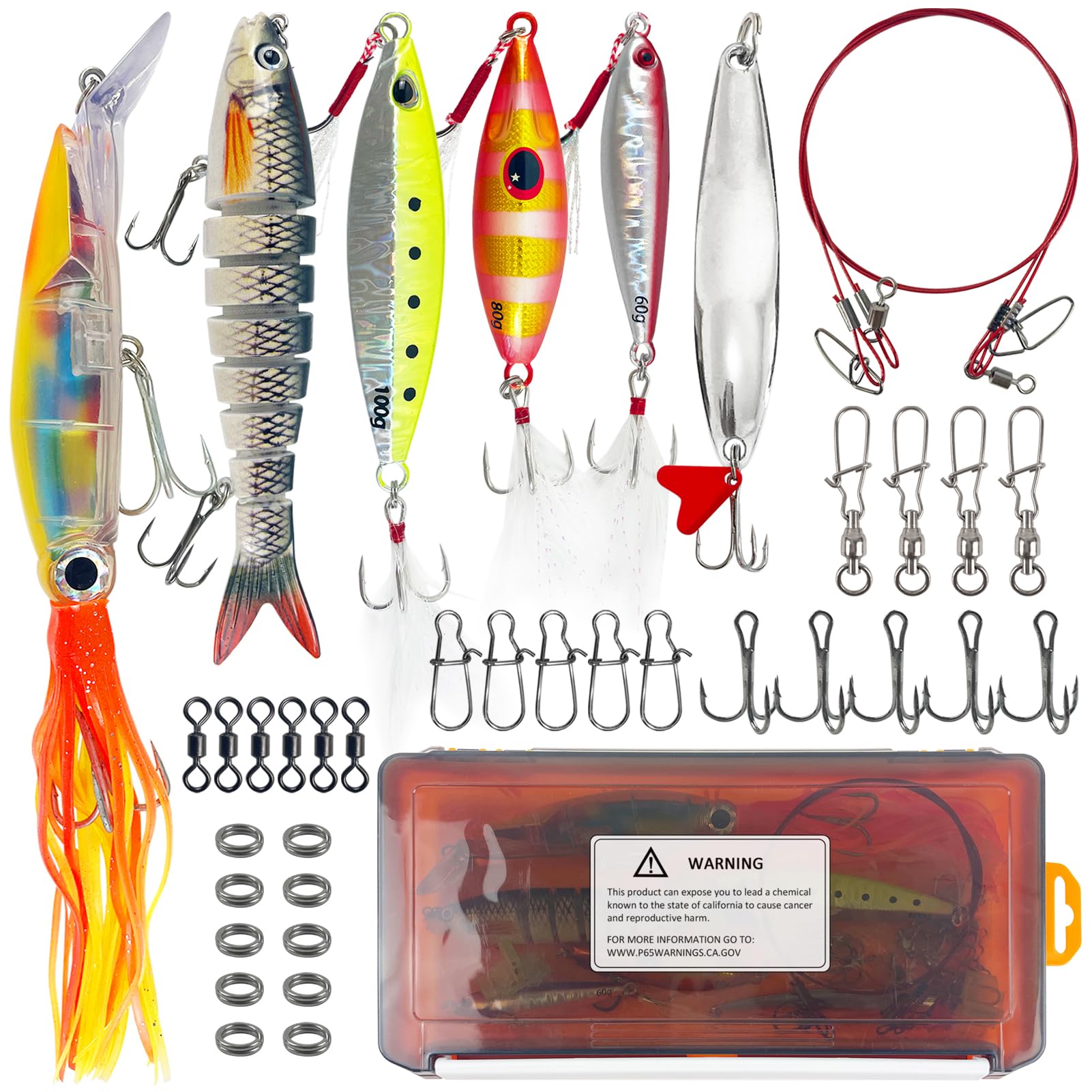 Kit di esche da pesca in metallo con cucchiaini da jigging con esche morbide, girelle a scatto, ami per pesca a traina, pesca in mare, esche jigging per spigola, sgombro, halibut