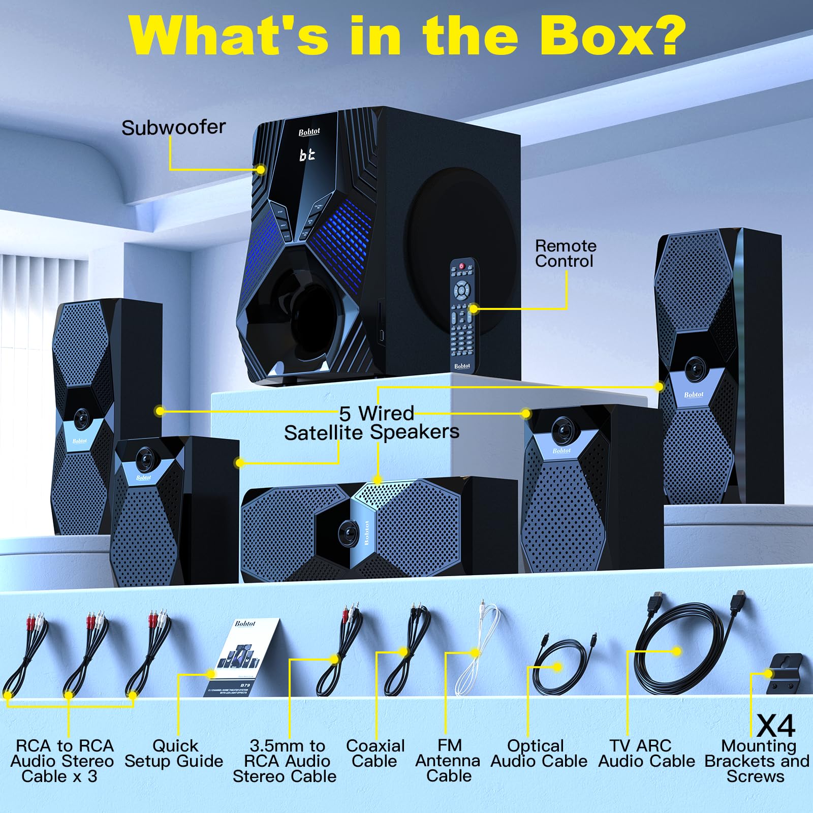 Bobtot Surround Sound Systems Home Theater System 8" Subwoofer 5.1/2.1 Wired Spekaer and Karaoke Machine for Kids Adult