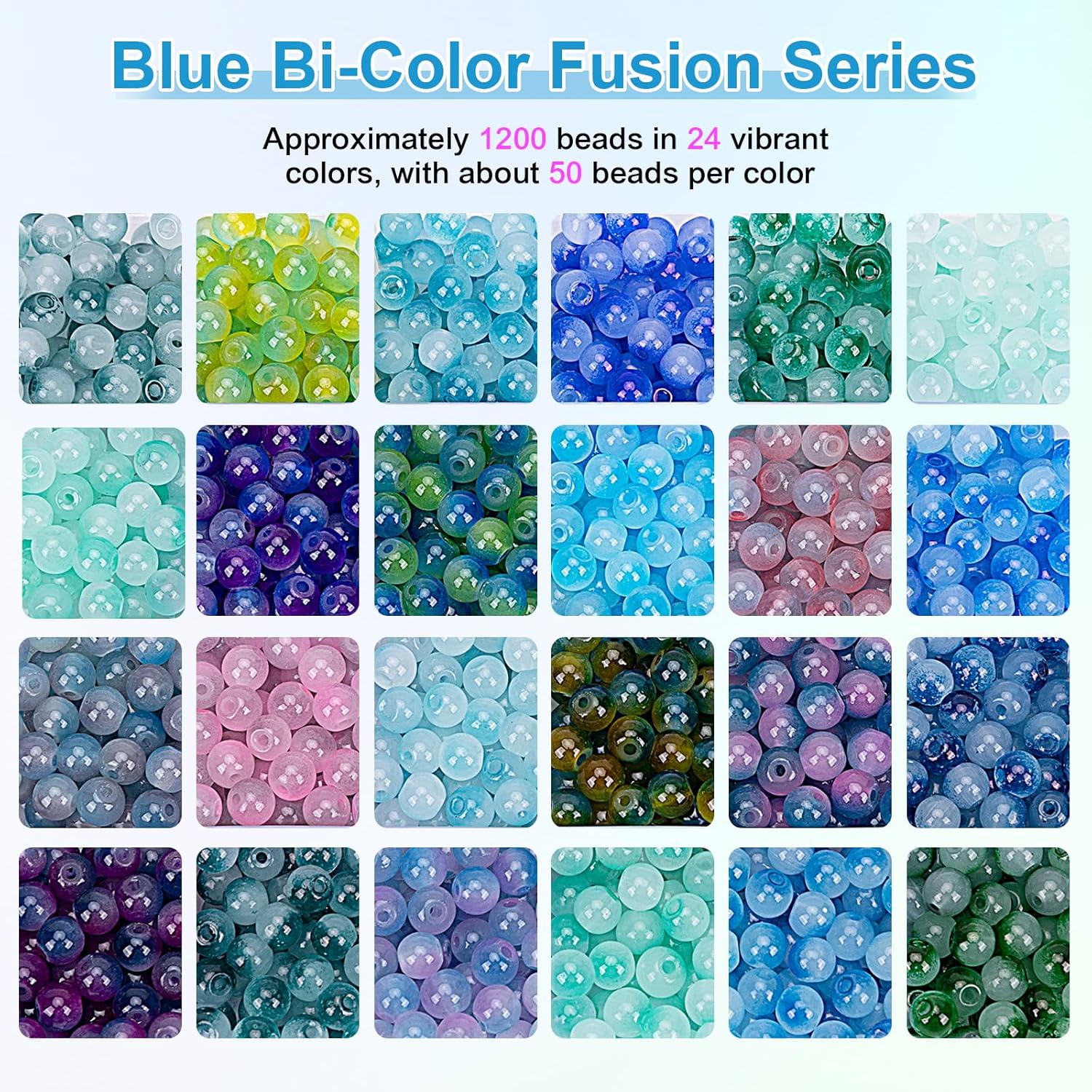 XSEINO About 1200+ pcs 6mm Glass Beads Bracelet Making Kit, 24 Assorted Blue Bi-Color Fusion Series Crystal Beads for Jewelry Making, DIY Crafts, Friendship Bracelets - Image 3