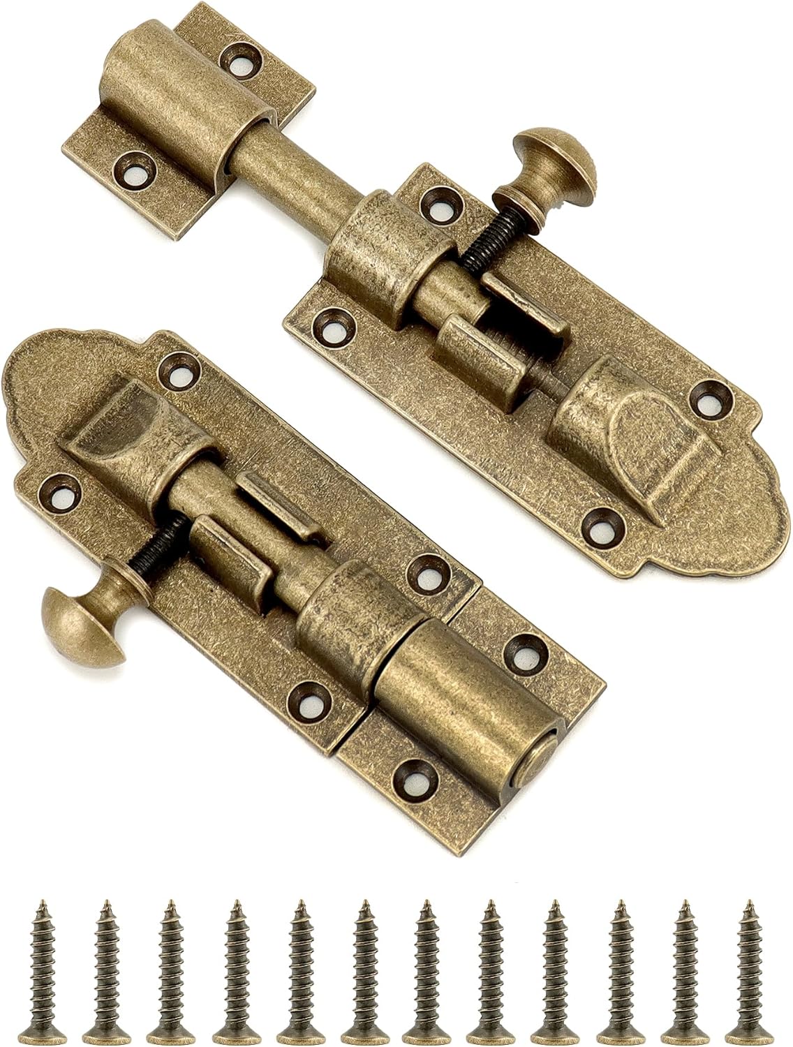 QWORK Elegant Vintage Solid Cast Brass Slide Latch Lock Pack of 2 Antique Finish Oxidizable Brass for Doors and Gates