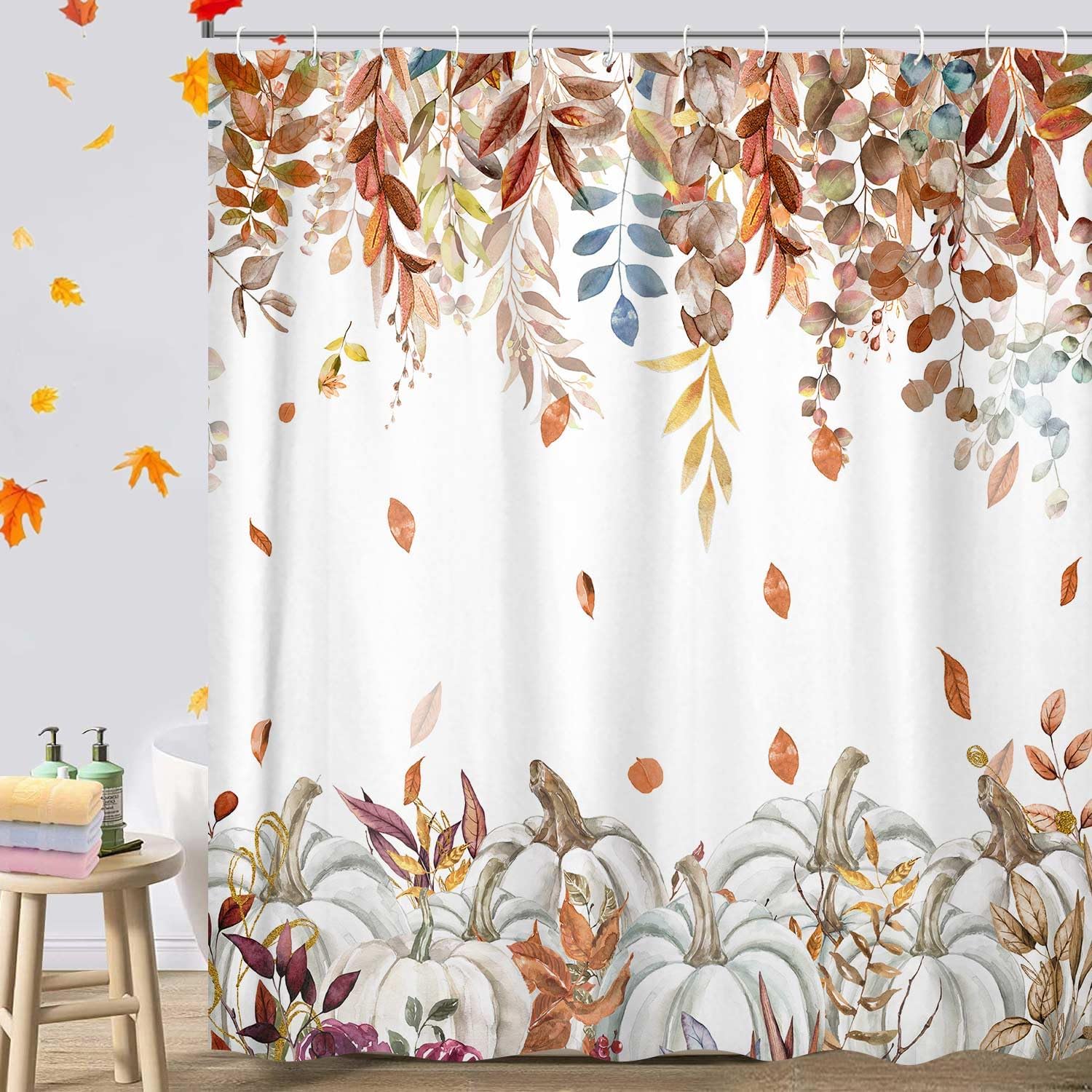 Fall Pumpkin Shower Curtain, Thanksgiving Maple Leaf Farmhouse Autumn Harvest Watercolor Shower Curtains for Bathroom, Fall Bathroom Decor Shower Curtain, with Hooks 72x72 Inch