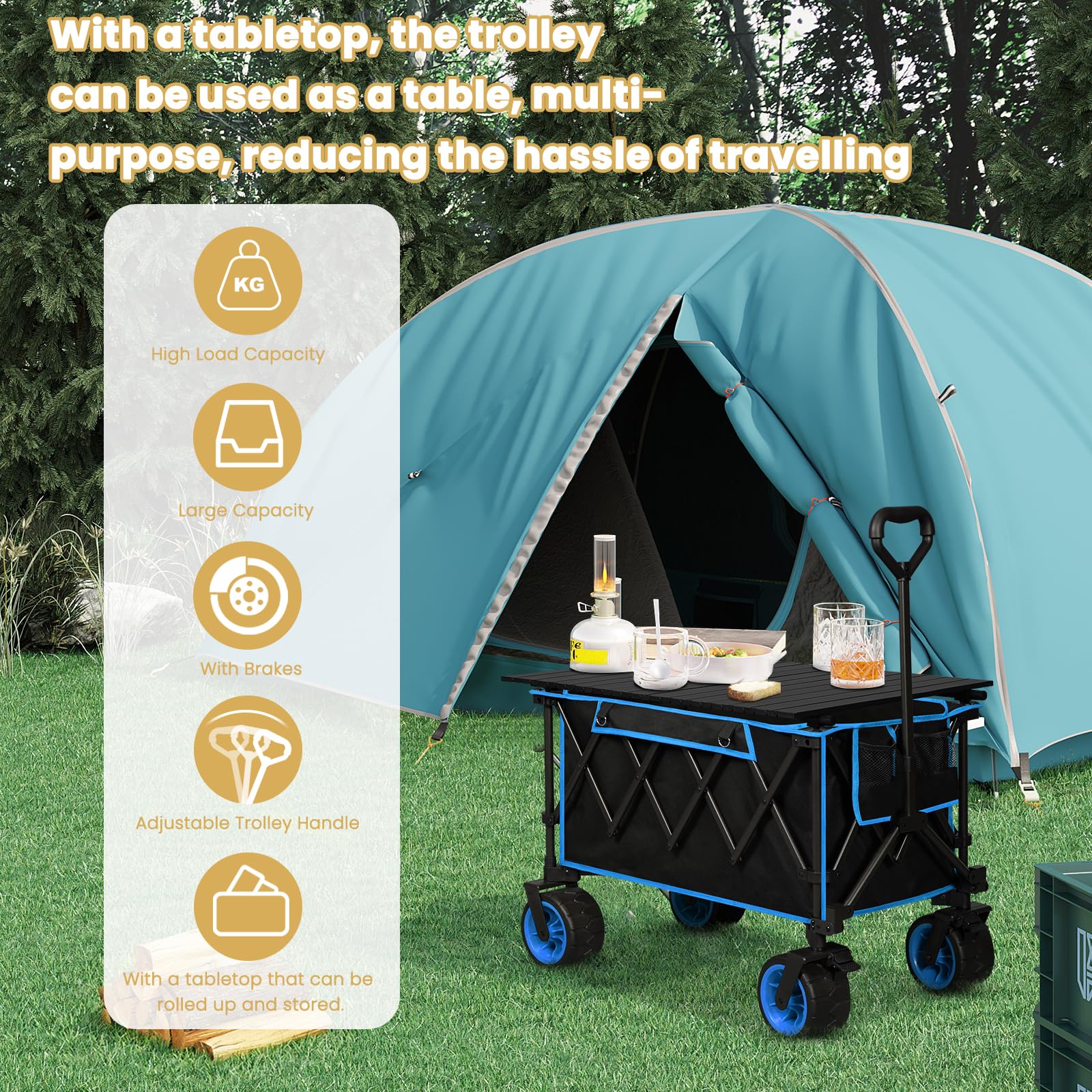 WOLTU Chariot de Jardin à roulettes, Chariot Pliable avec Plateau Amovible, Capacité 120kg, en Tissu Oxford+Acier, Noir+Blue