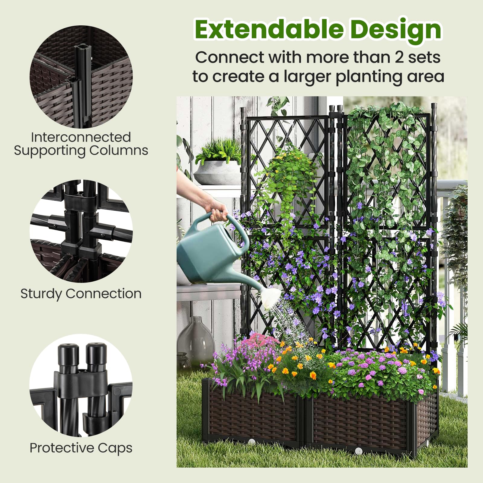 HOMASIS Lit de Jardin Surélevé avec Treillis, Jardinière d’Extérieur avec Disque Auto-Arrosant, Trous de Drainage, Bac à Fleurs pour Plantes Grimpantes, Légumes 80 x 40 x 126 cm (Noir)