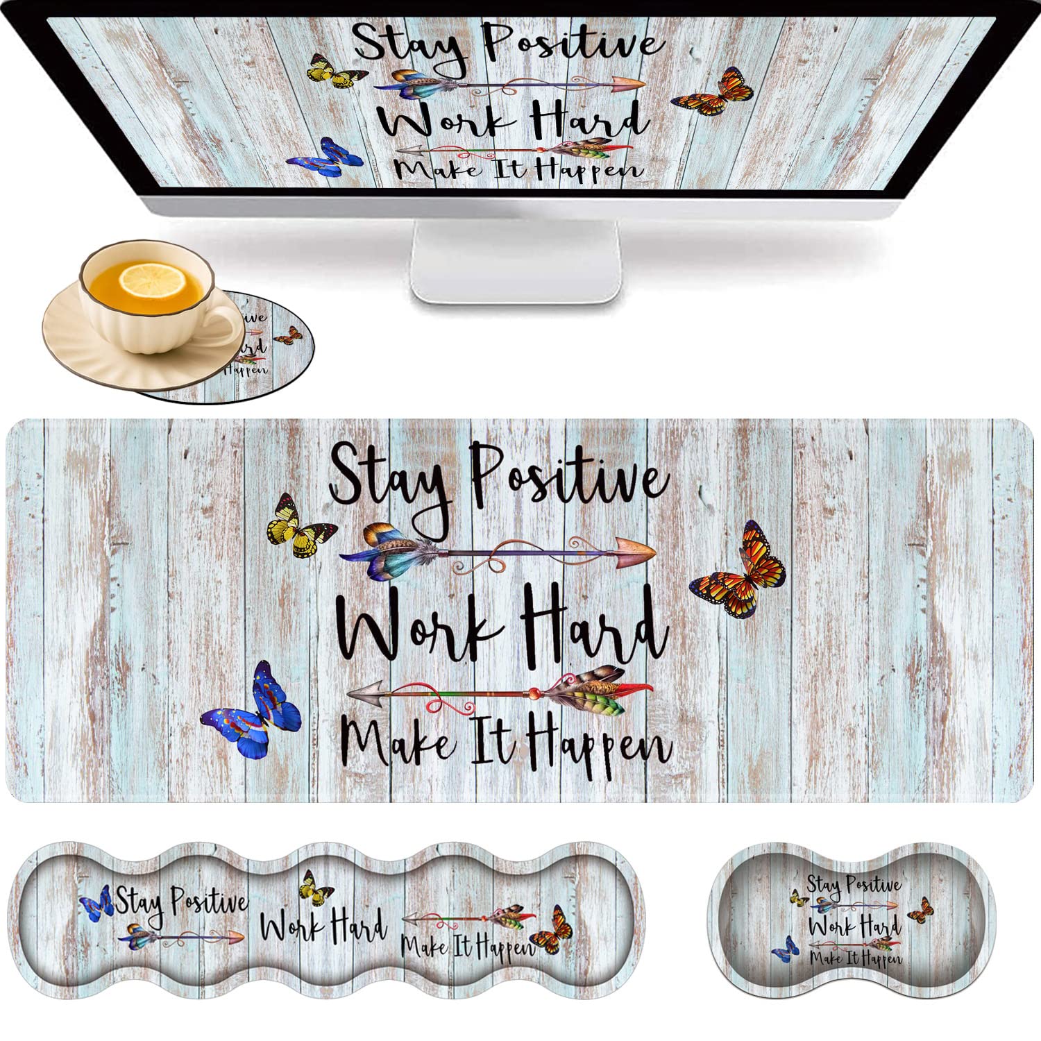 Large Gaming Mouse Pad+Keyboard Wrist Rest+Mouse Wrist Rest+Coaster, Easy Typing Pain Relief, 31.5 × 11.8 inch Desk Mat for Home Office, Stay Positive Work Hard and Make It Happen