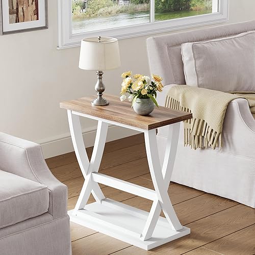 Miniatura 4 de ChooChoo Juego de 2 mesas auxiliares de granja para sala de estar, mesa auxiliar estrecha con estante de almacenamiento, moderna mesa auxiliar