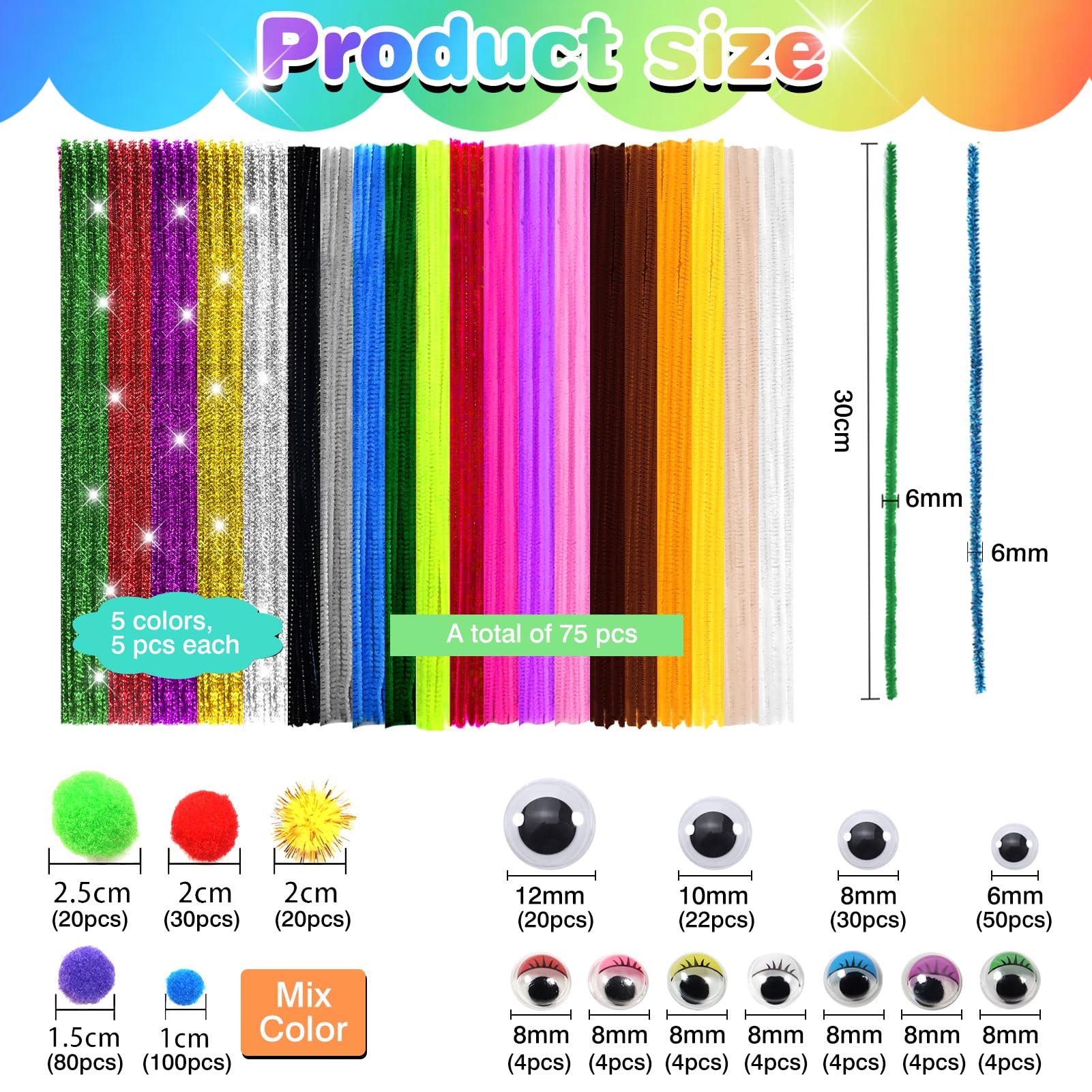 TOAOB 500pcs Arts and Crafts Supplies for Kids Includes Pipe Cleaners Pom Poms Wiggle Googly Eyes for DIY Craft Decorations