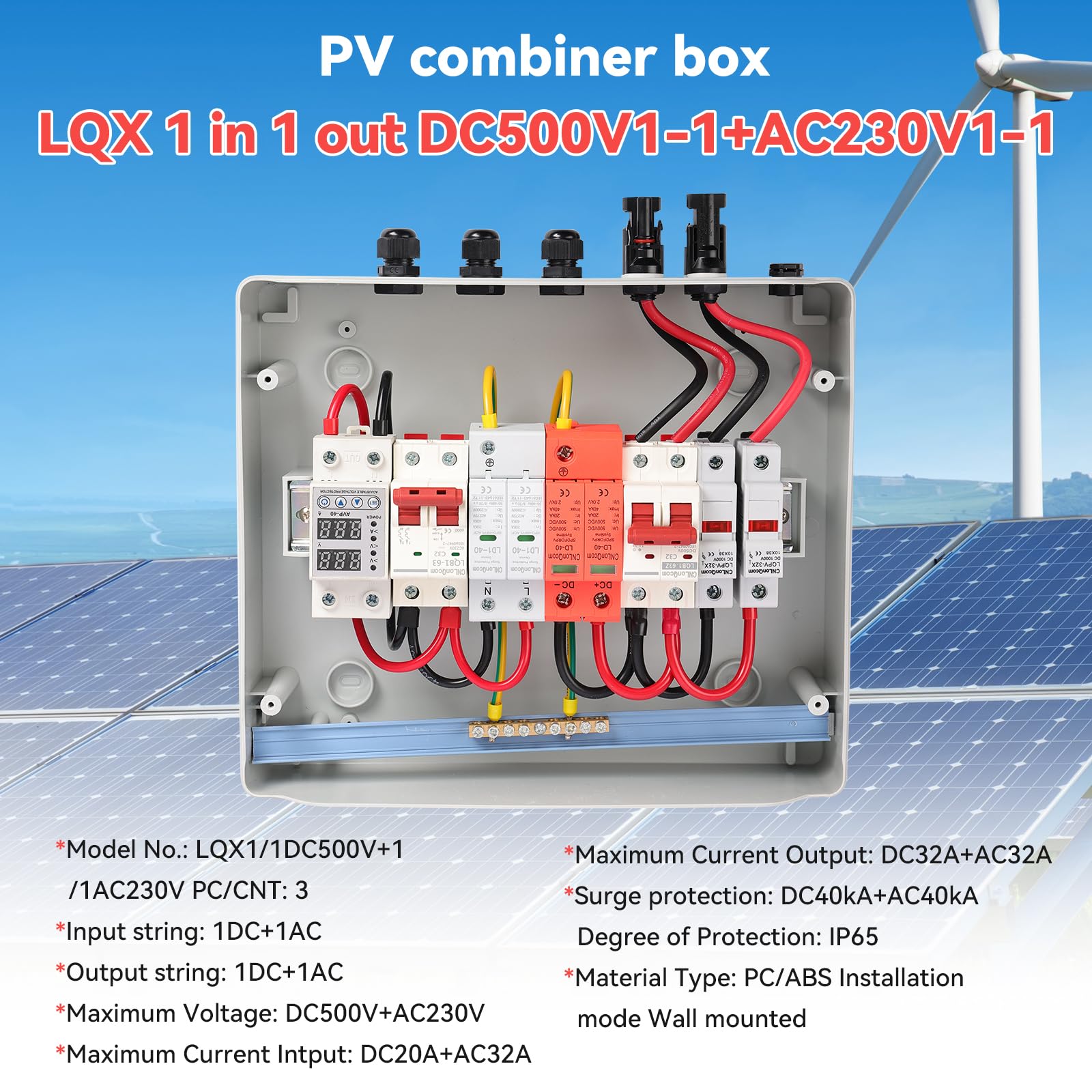 Protezione da sovratensione per impianti fotovoltaici - Scatola di giunzione solare DC500V1-1 + AC230V1-1, interruttore di sezionamento CC per protezione da fulmini per sistemi