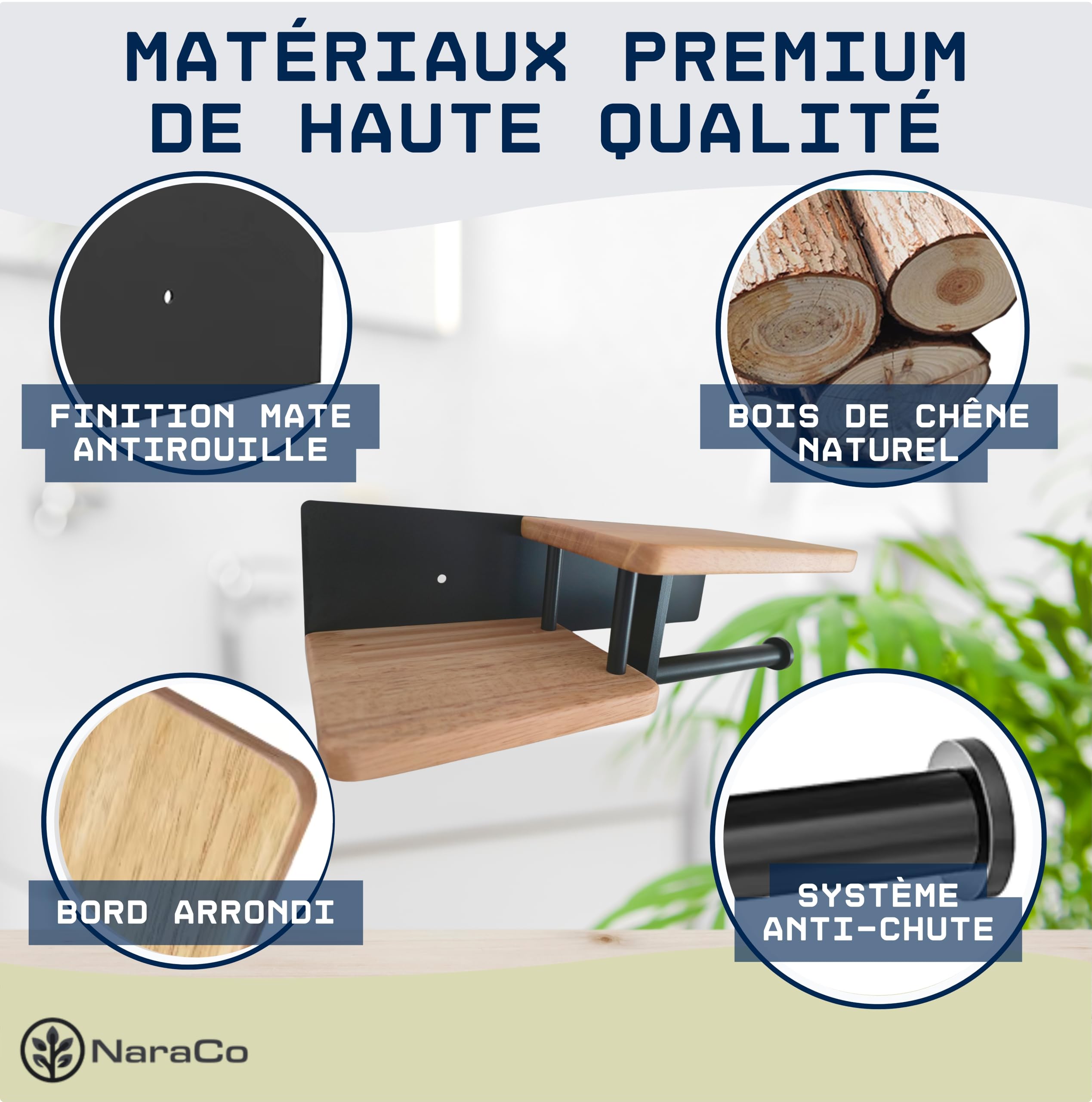 Porte Papier Toilette Mural de qualité supérieure en Bois de chêne Véritable et Acier Inoxydable | [sans Perçage] | Design Moderne | Déja Assemblé | Dérouleur WC avec Doubles Étagères