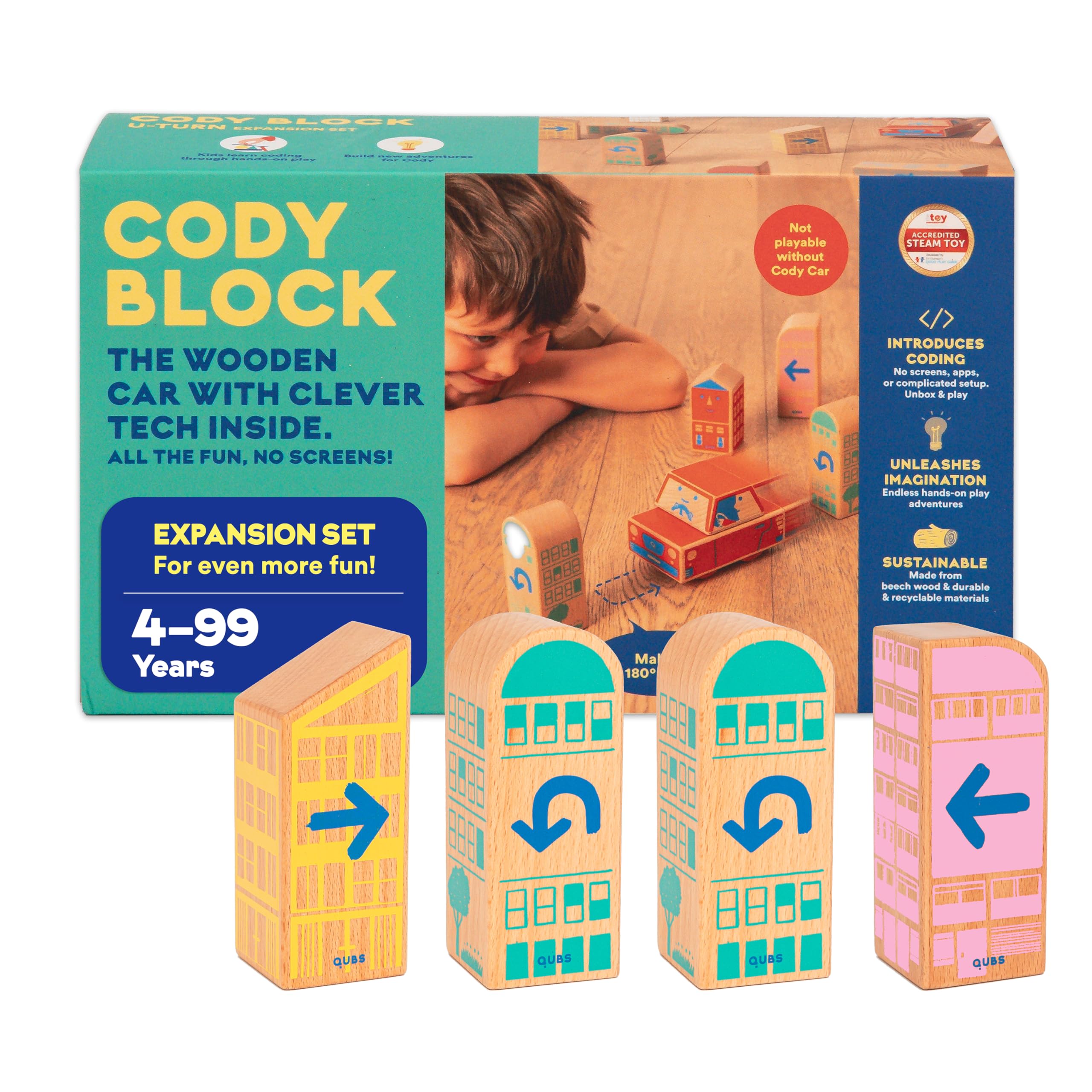 QUBS Cody Block U-Turn Expansion Set, Educational Wooden Building Blocks and Car STEM Toys for Preschool Kids Ages 3+