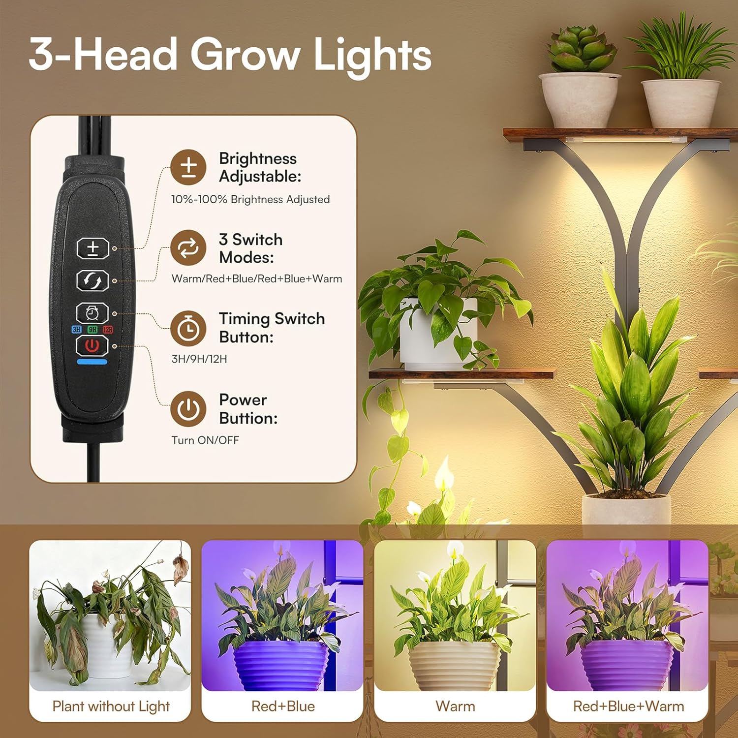 63" Plant Stand Indoor with Grow Lights, 10 Tiered Plant Shelf with Drawer, Corner Plant Stands for Indoor Plants, Metal Plant Flower Display Shelf, Tree-Shaped Plant Rack for Home, Black (1, Black)