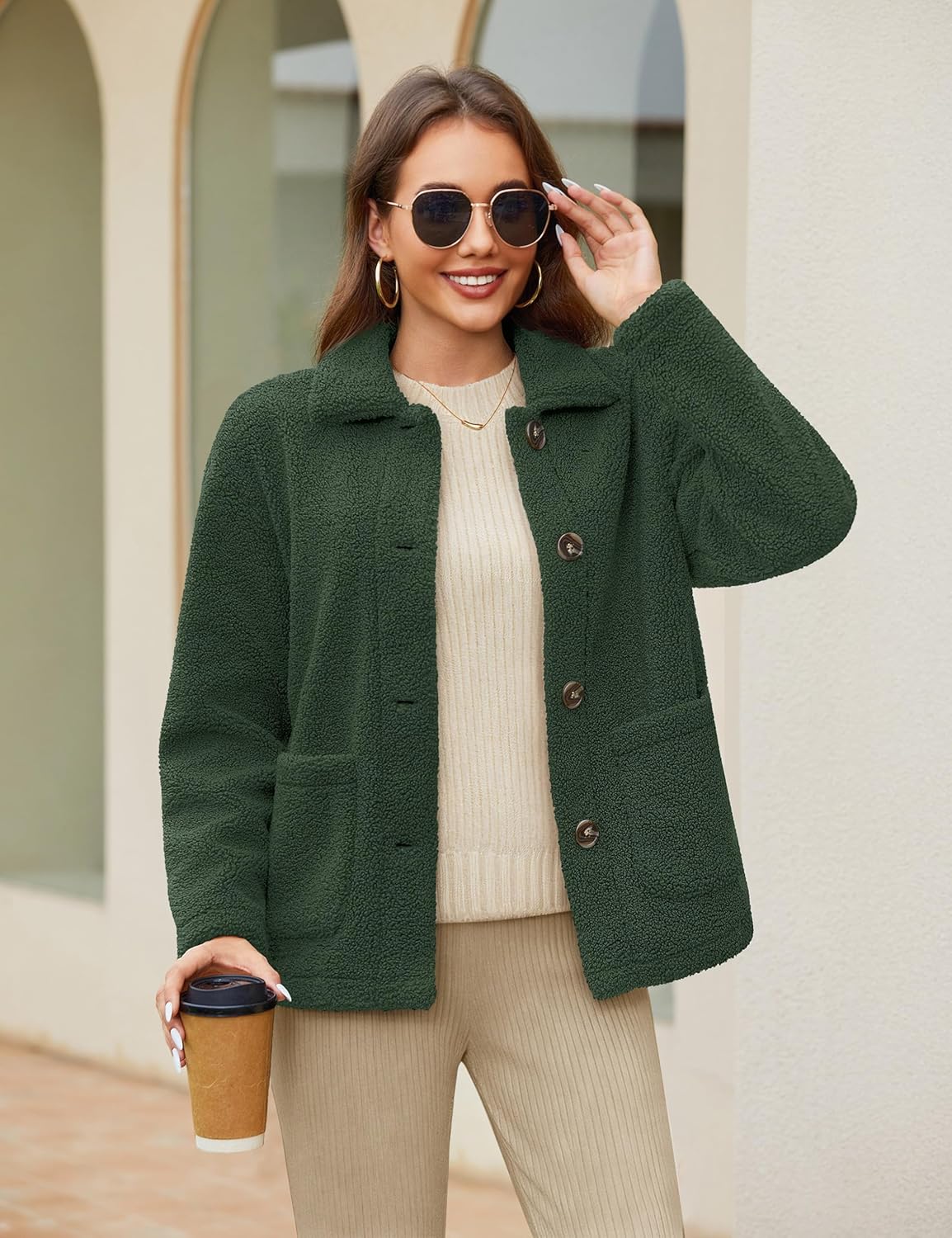 YUCOLEN Womens Fleece Jacket Button Down Sherpa Jacket Long Sleeve Teddy Coat Fuzzy Winter Warm Outerwear with Pockets - Image 2