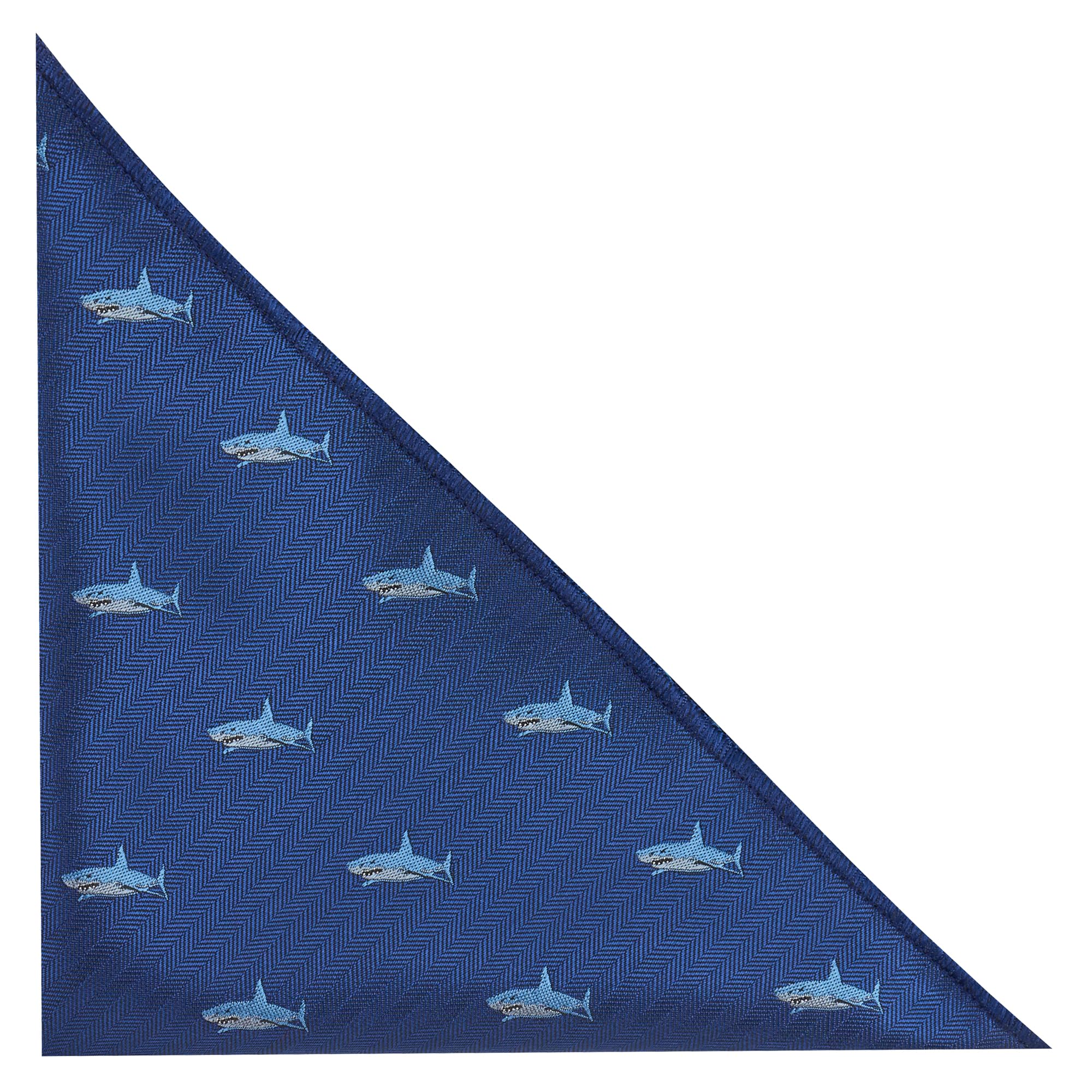 King & Priory Shark Navy Blue Herringbone Embroidered Pocket Square, Handkerchief