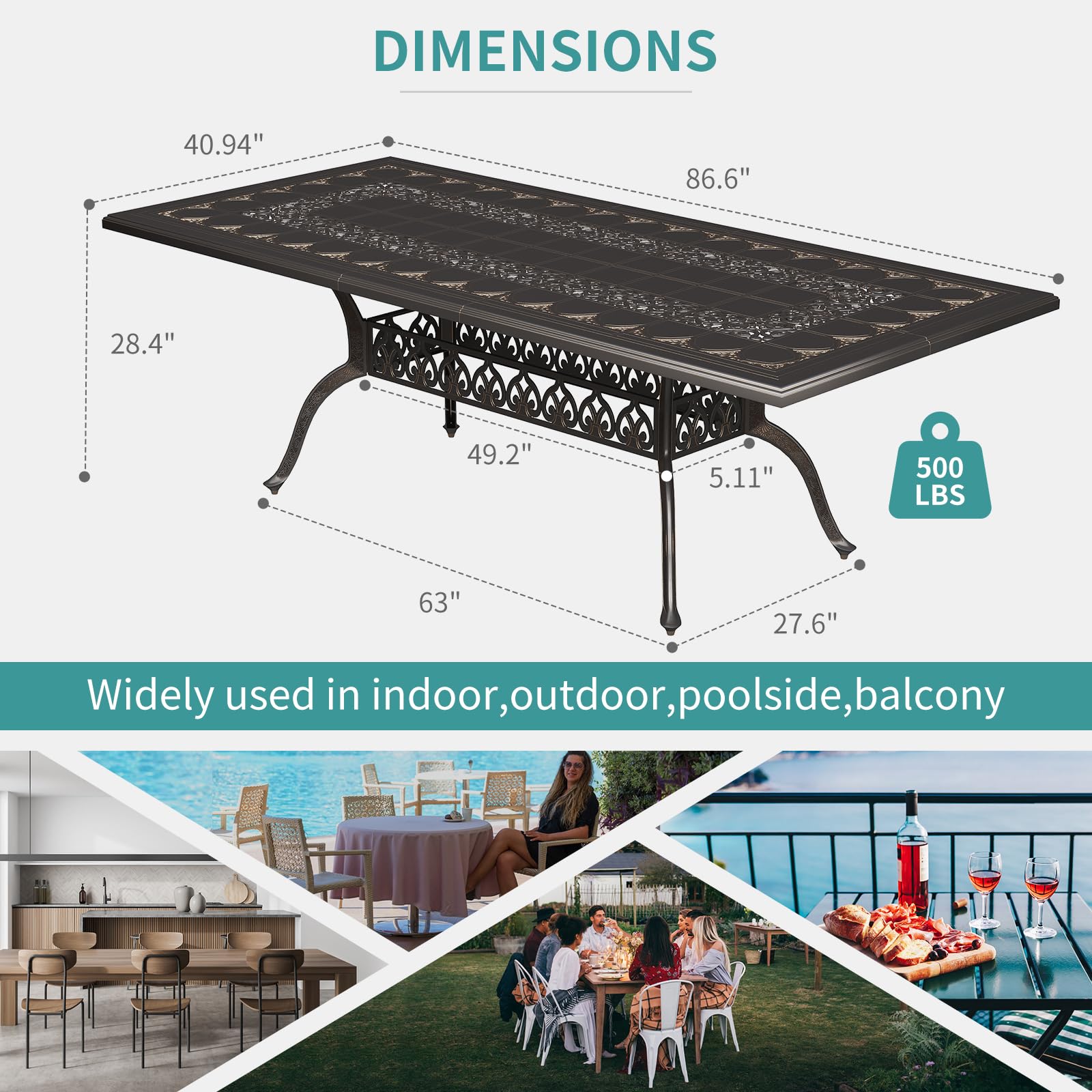 Mesa de comedor al aire libre de aluminio fundido, mesa de comedor de patio de 86.6 pulgadas con almohadillas ajustables para los pies, para jardín, patio trasero, cubierta, bronce oscuro 3