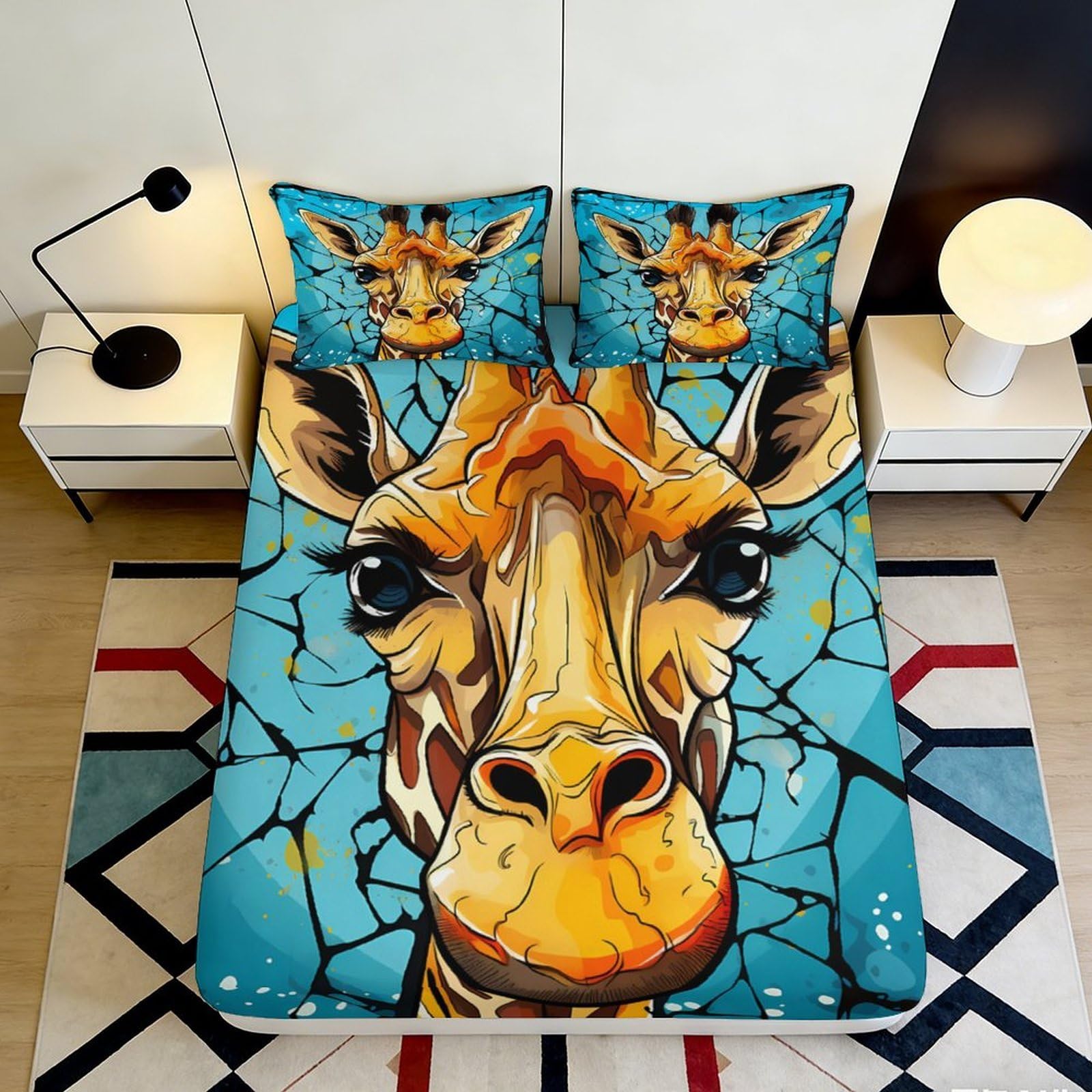 3D Printed Giraffe Pattern Fitted Sheet Microfiber Vibrant Blue Animal Print Bed Cover for Bedroom Dormitory Guest Room Mattress Protection Decor 200x200x25cm