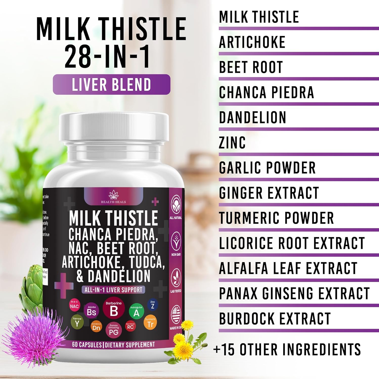 Milk Thistle NAC Chanca Piedra Beet Root Artichoke Dandelion Root - Liver Supplement Plus Astragalus TUDCA Choline & Ginger- 120 Count