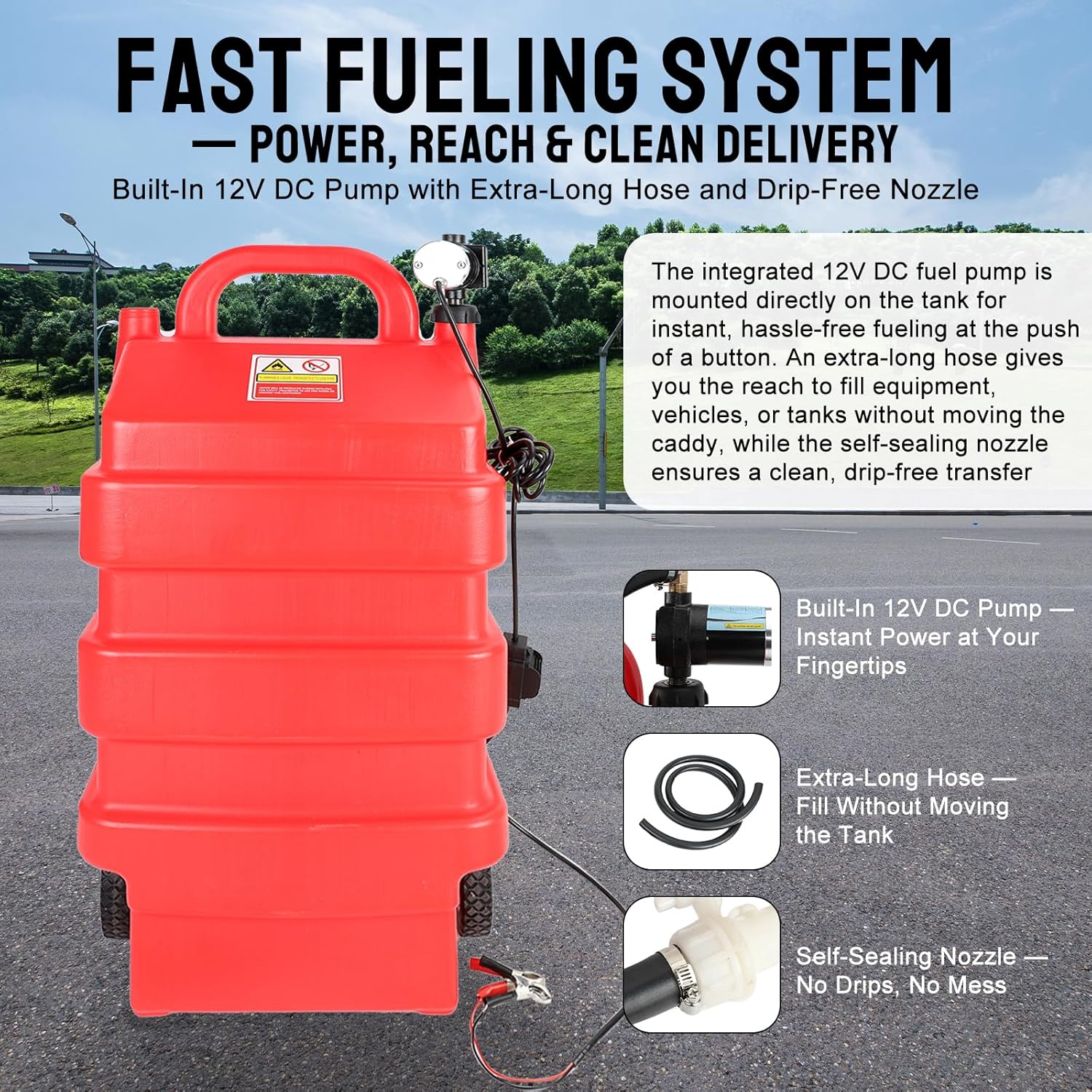 16 Gallon Portable Fuel Caddy Tank with 12V DC Electric Transfer Pump for Gasoline, Diesel, Kerosene, Fuel Transfer Tank with Wheels for Lawn Mowers, Boats, ATVs & Generators