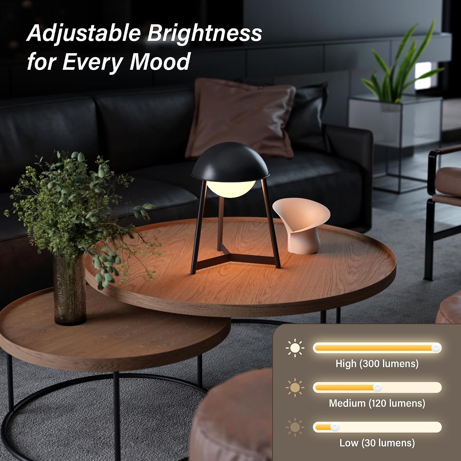 Bulbrite K70105 Kibun Helmet Rechargeable Cordless LED Table Lamp, 3-Levels Brightness Touch Sensor Control, Black
