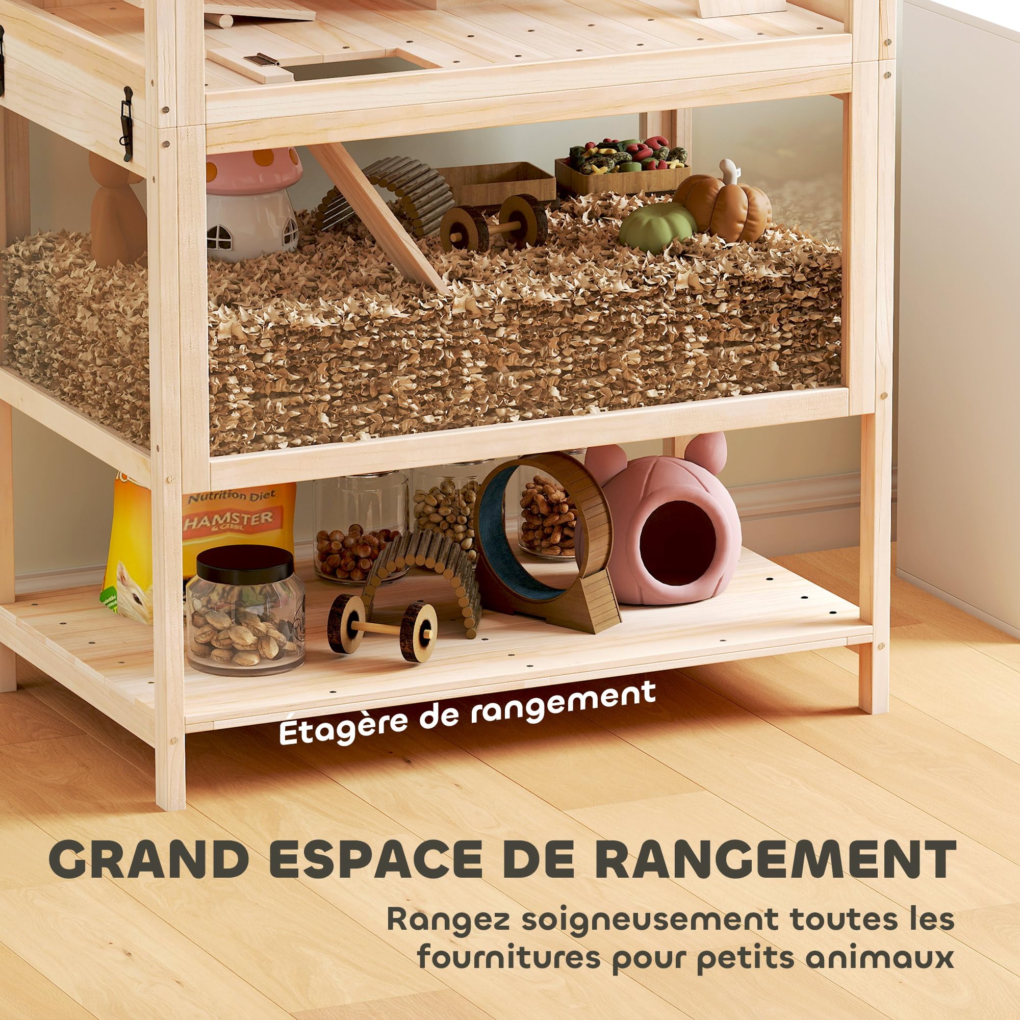 PawHut Gabbia per criceto in legno XXL – Habitat per roditori a 3 piani con pannello acrilico e ruota – Casa piccolo animale di lusso con accessori e ripiano di stoccaggio, 80 x 53 x 117 cm, effetto