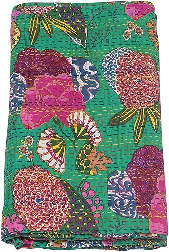 Vista 30 de Marubhumi Colcha Kantha reversible de algodón puro cosido a mano con estampado de frutas indias, edredón Kantha reversible (C verde, Queen
