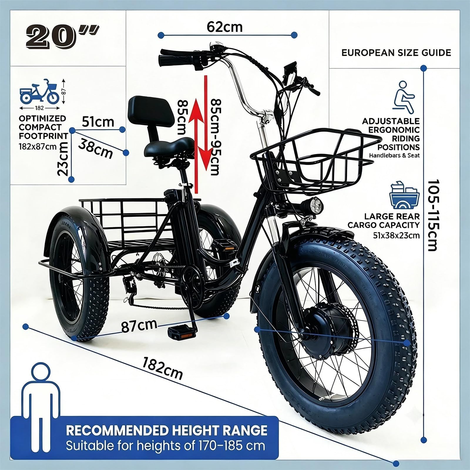 Triciclo Bici Pieghevole Elettrica per Adulti 20 Pollici, Cambio a 7 Rapporti, Freni a Disco Doppi, Display Digitale, Cestini Anteriori e Posteriori per Ciclismo All'Aperto
