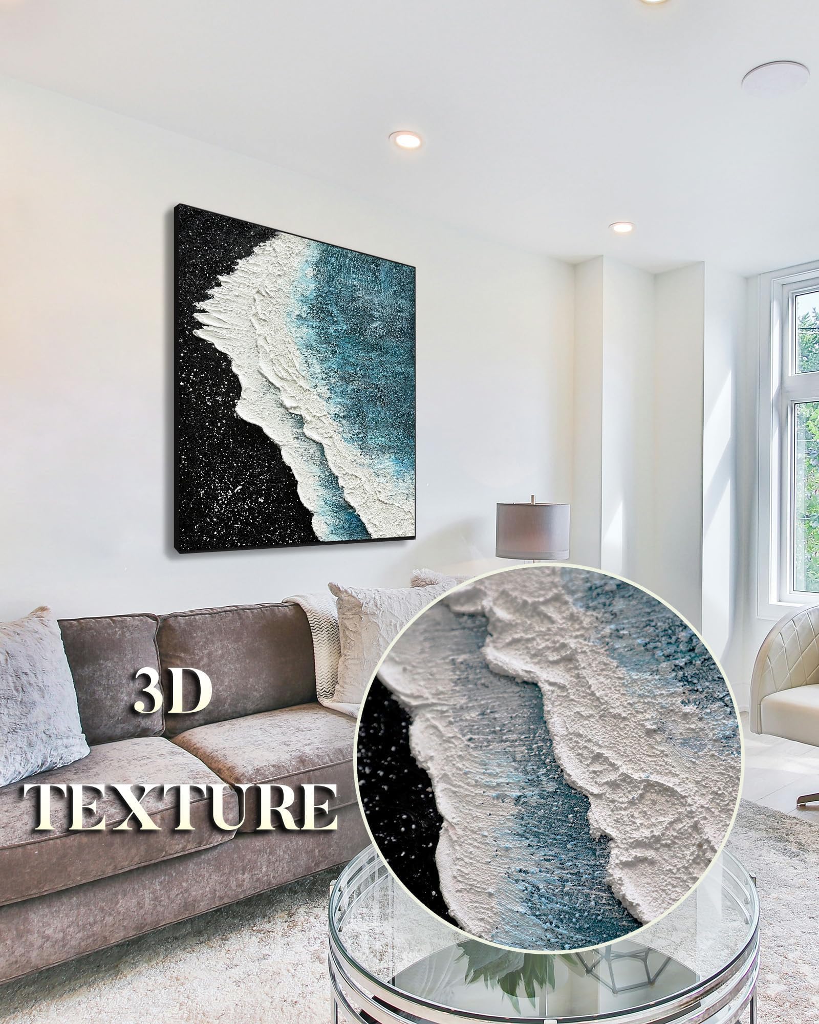 AntExpanse Hand Painted 3D Textured Canvas Wall Art, Framed Black White and Blue Beach Oil Paintings, Abstract Modern Artwork Quartz Sand Wall Painting for Living Room Bedroom Wall Décor(16x24 inch)