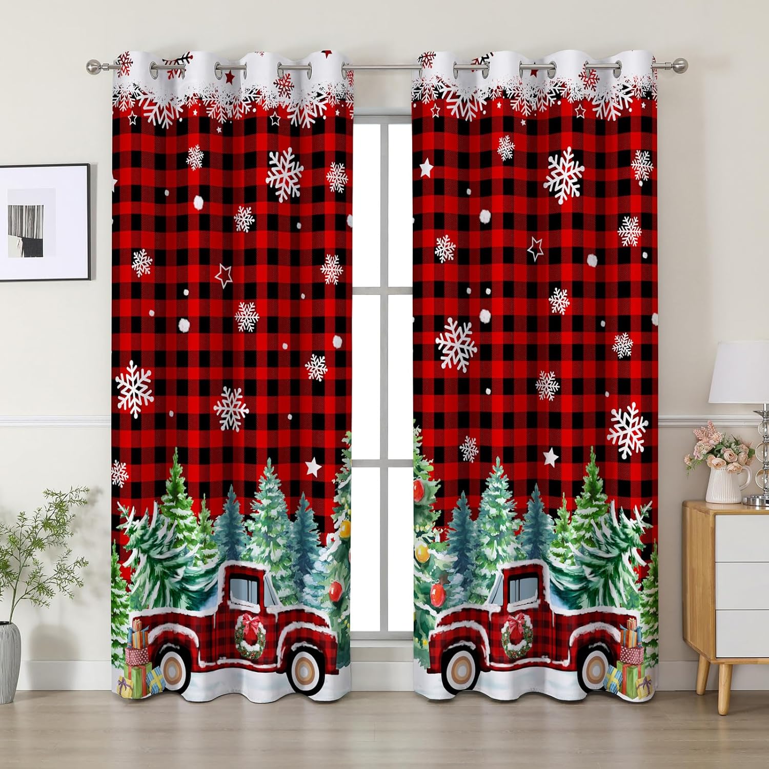 Christmas Curtains 96 Inches Long, Red Plaid Truck Living Room Blackout Curtains Room Darkening, Light Blocking Xmas Snowflake Thermal Insulated Drapes Grommet for Bedroom Bathroom, 2 Panels