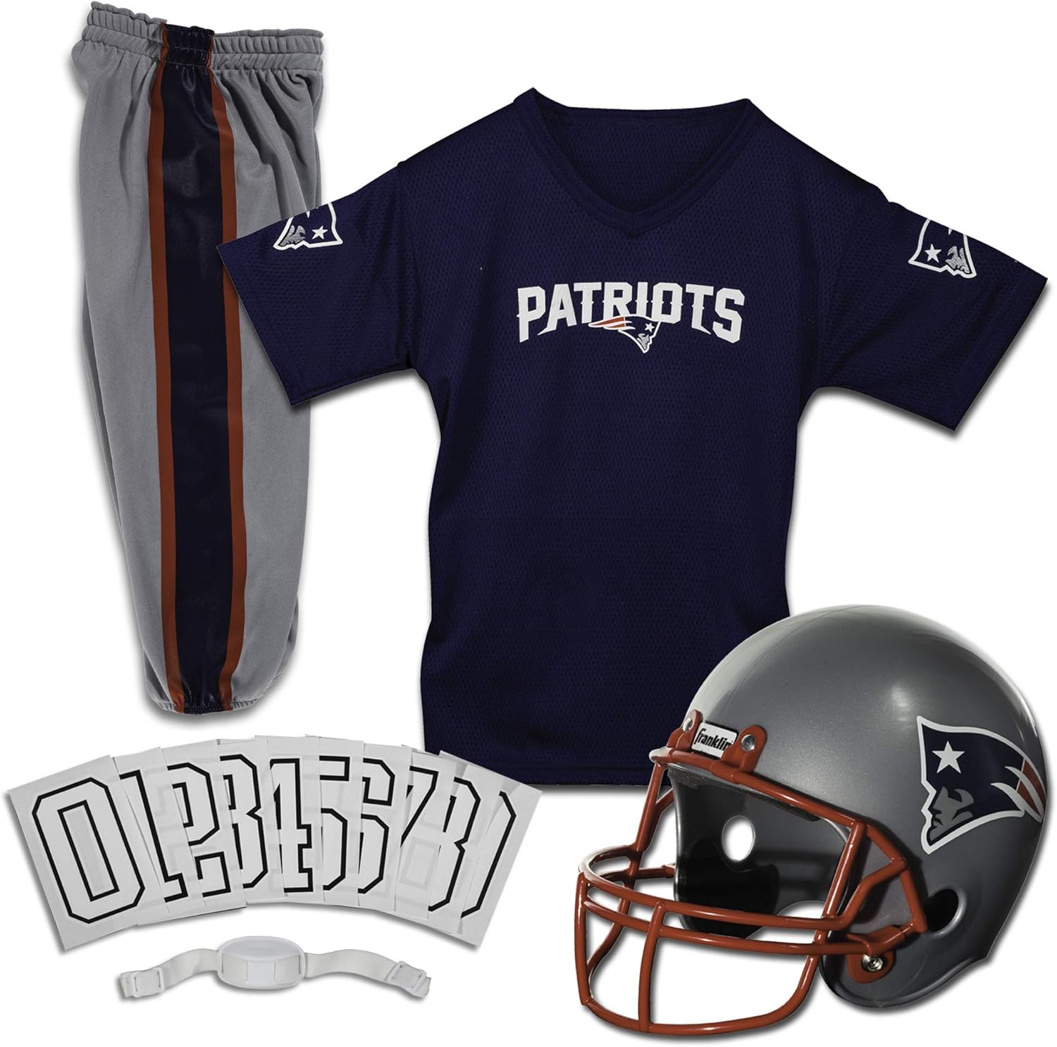 Franklin Sports NFL Youth Football Uniform Set for Boys & Girls - Includes Helmet, Jersey & Pants with Chinstrap + Numbers New England Patriots Large