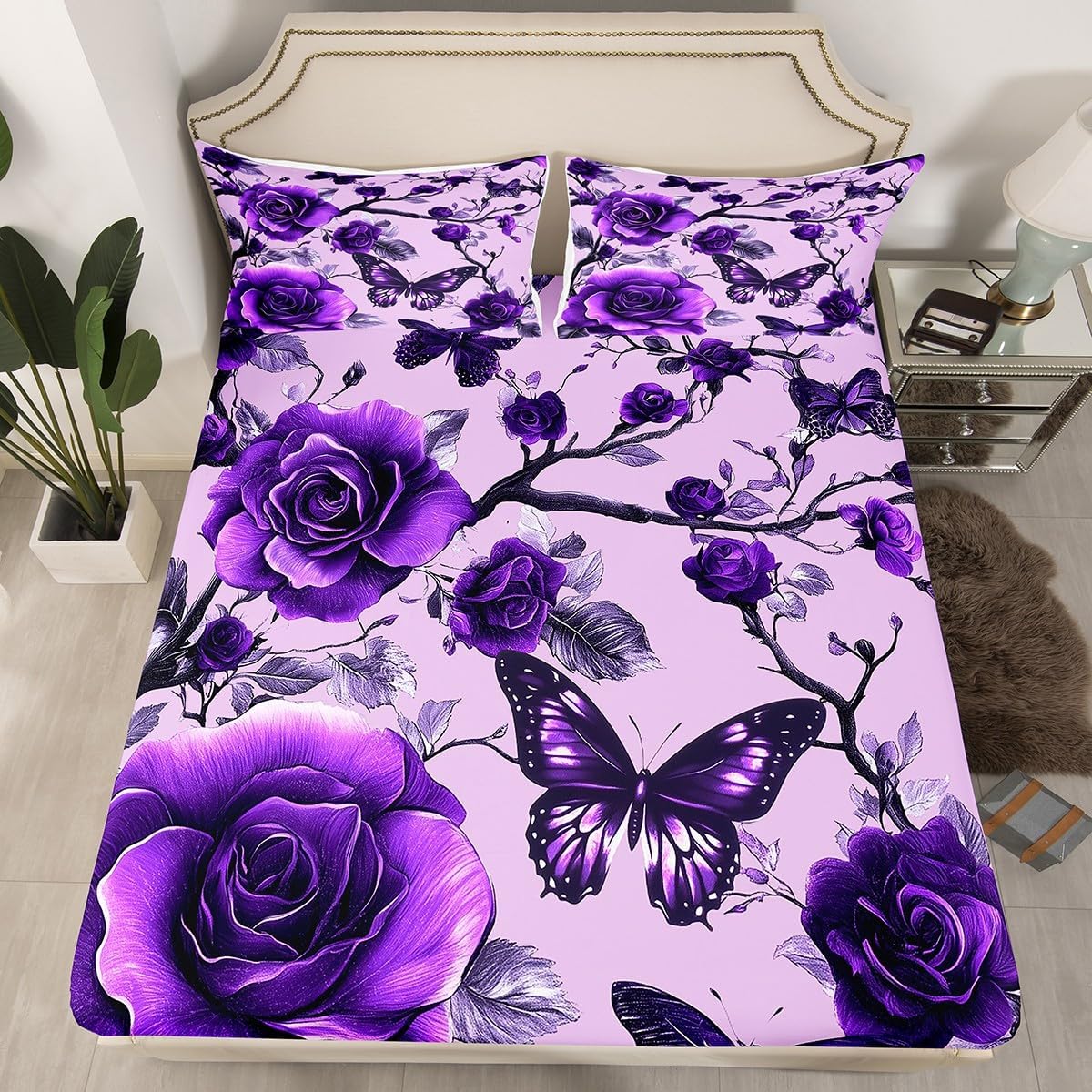 Purple Floral Animals Full Size Fitted Sheet No Top Sheet,Rose Botanical Branch Flowers 3 Pieces Kids Teenager Room Decor Butterfly Rose Pocket 2 Pillowcases