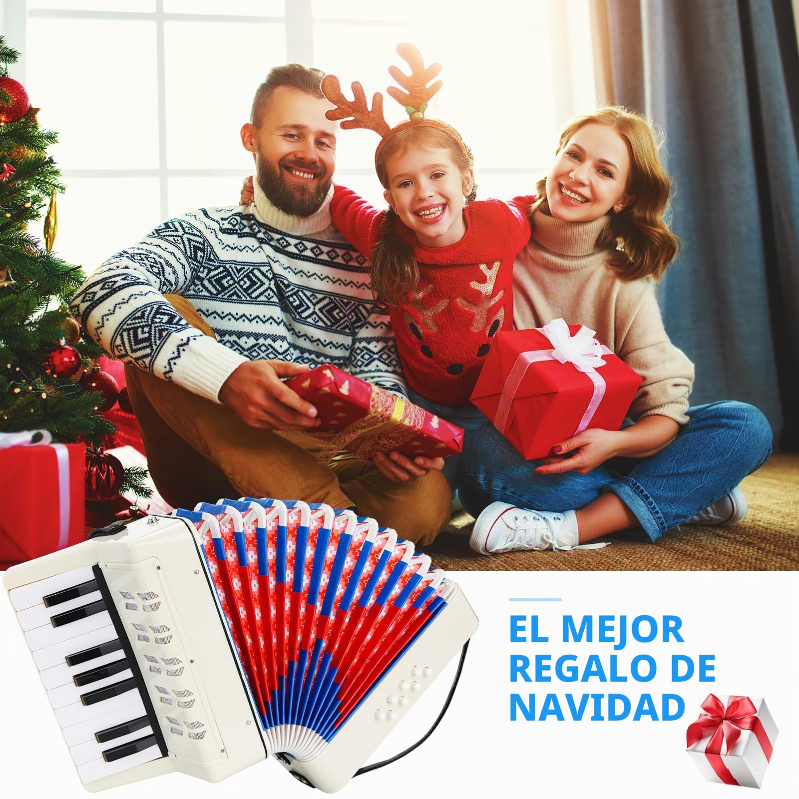 Acordeón Infantil,17 Teclas 8 Bajos Acordeón de Piano,Concertina Instrumentos Musical para niños con Correas Ajustables,Acordeón Juguete Instrumento Musical Adultos y Niños de más de 3 años (Blanco)
