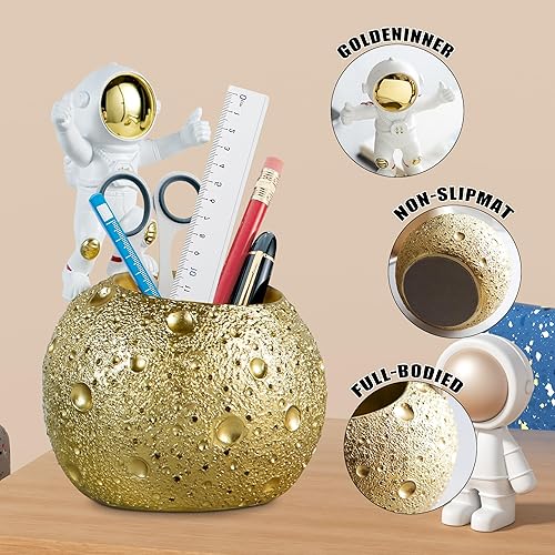 Miniatura 3 de Kimdio Soporte para bolígrafo, soporte de astronauta para soporte de lápices de escritorio, organizador de luna de escritorio de resina, accesorios