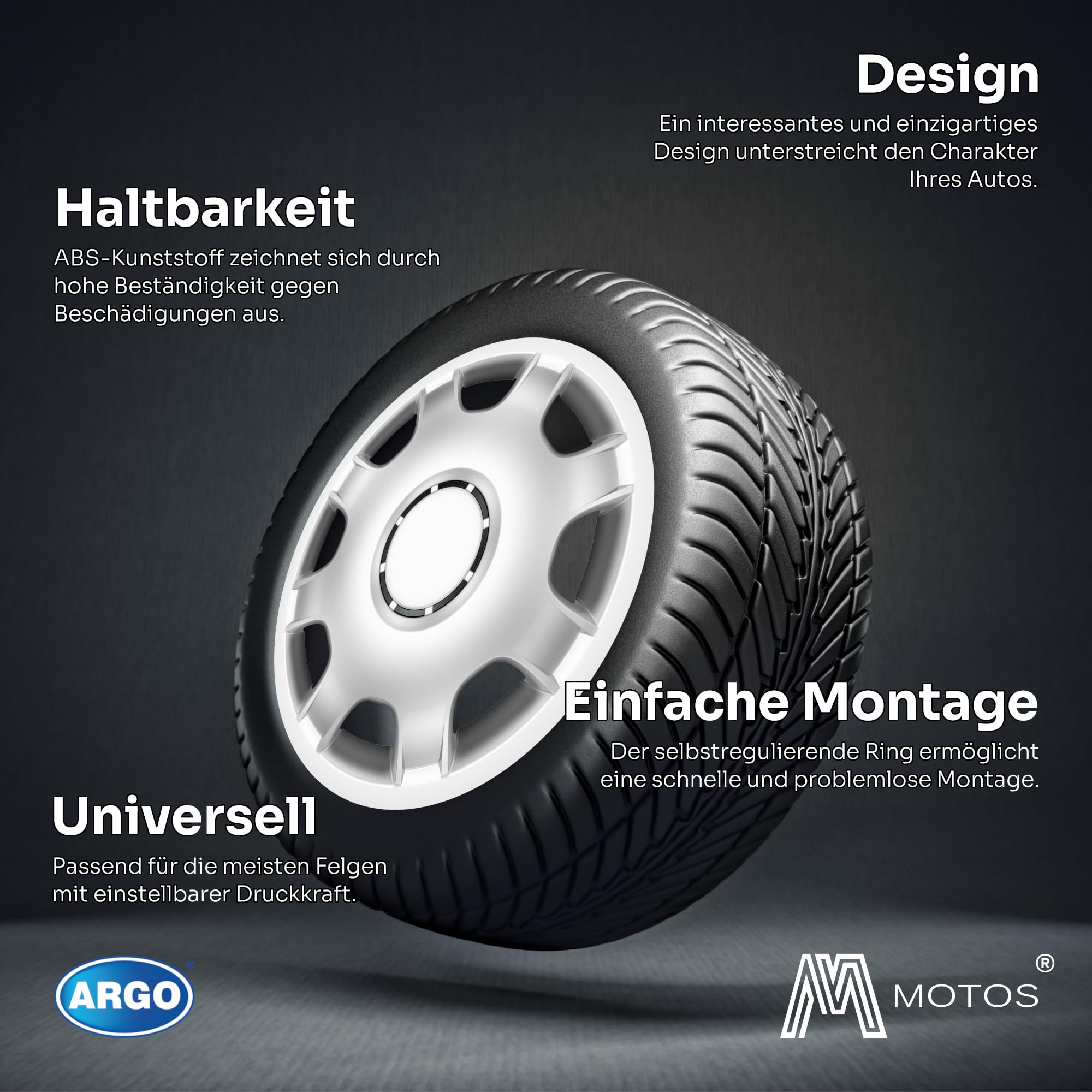 Copricerchi M MOTOS 16 Pollici - Set Di 4, Flessibili, Facili Da Installare Senza Attrezzi