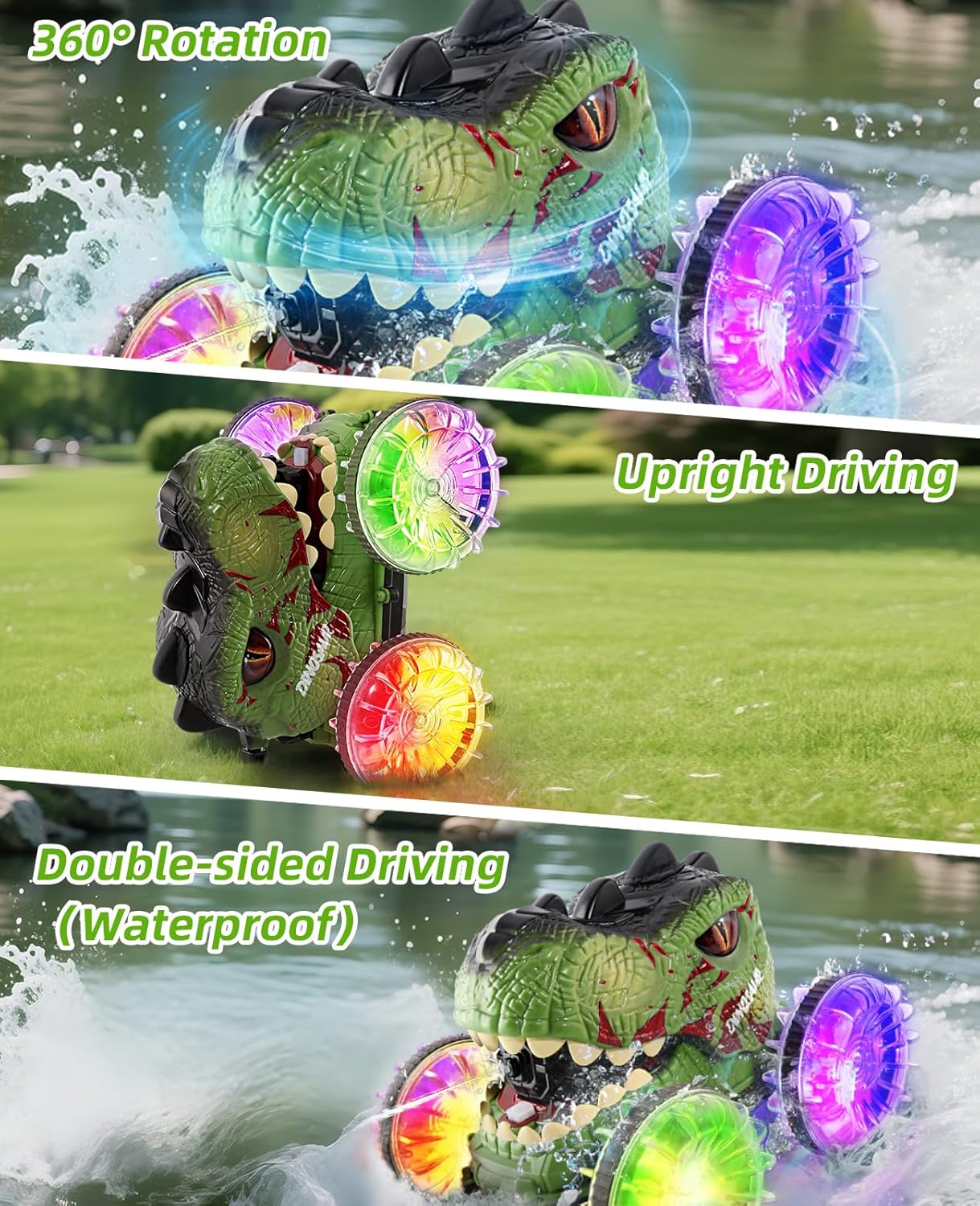 Amphibious Remote Control Monster Truck, 4WD All Terrain Off-Road Dinosaur Truck with Water Gun, 1:18 Scale RC Cars with Lights & Music, 2.4 GHz Waterproof RC Dinosaur Car for Boys 4-7 Gifts