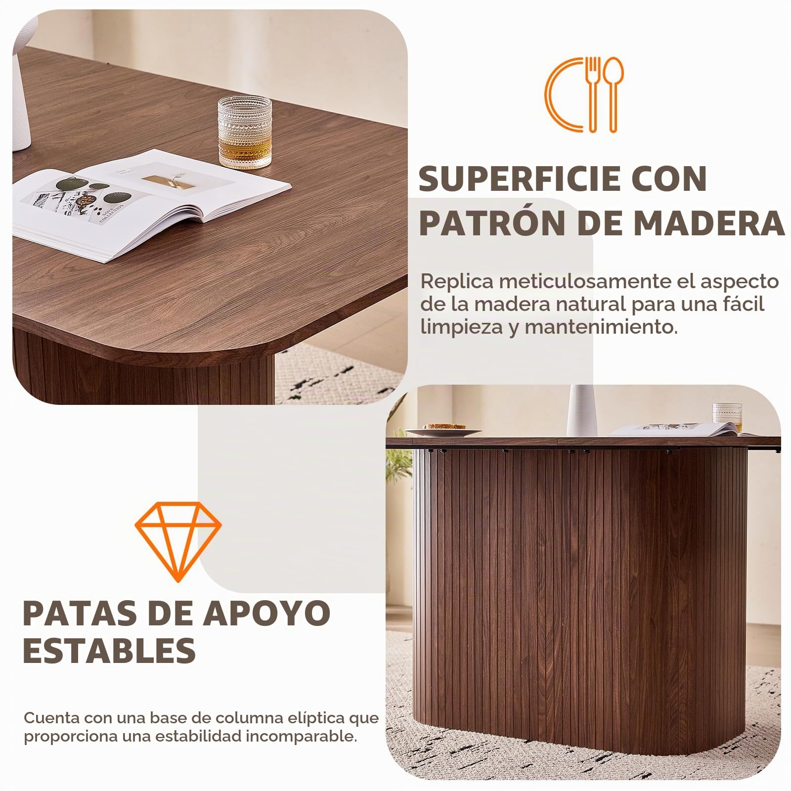 Mesa de Comedor Rectangular, Moderna Mesa de MDF, Mesa de Comedor Nórdica para Cocina, Patas de Listones, Ideal para Salón y Comedor, Veta de Madera Oscura
