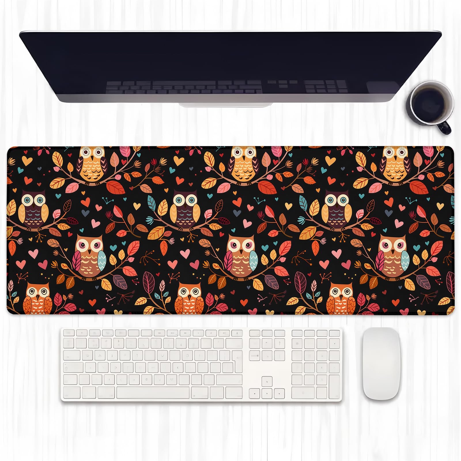 Ti Caldi Autumn Owl Gaming Mouse Pad, Extended Colorful Owls Desk Mat Computer Laptop Mousepad, Robust Stitched Edges, 31.5"×11.8" Large Office
