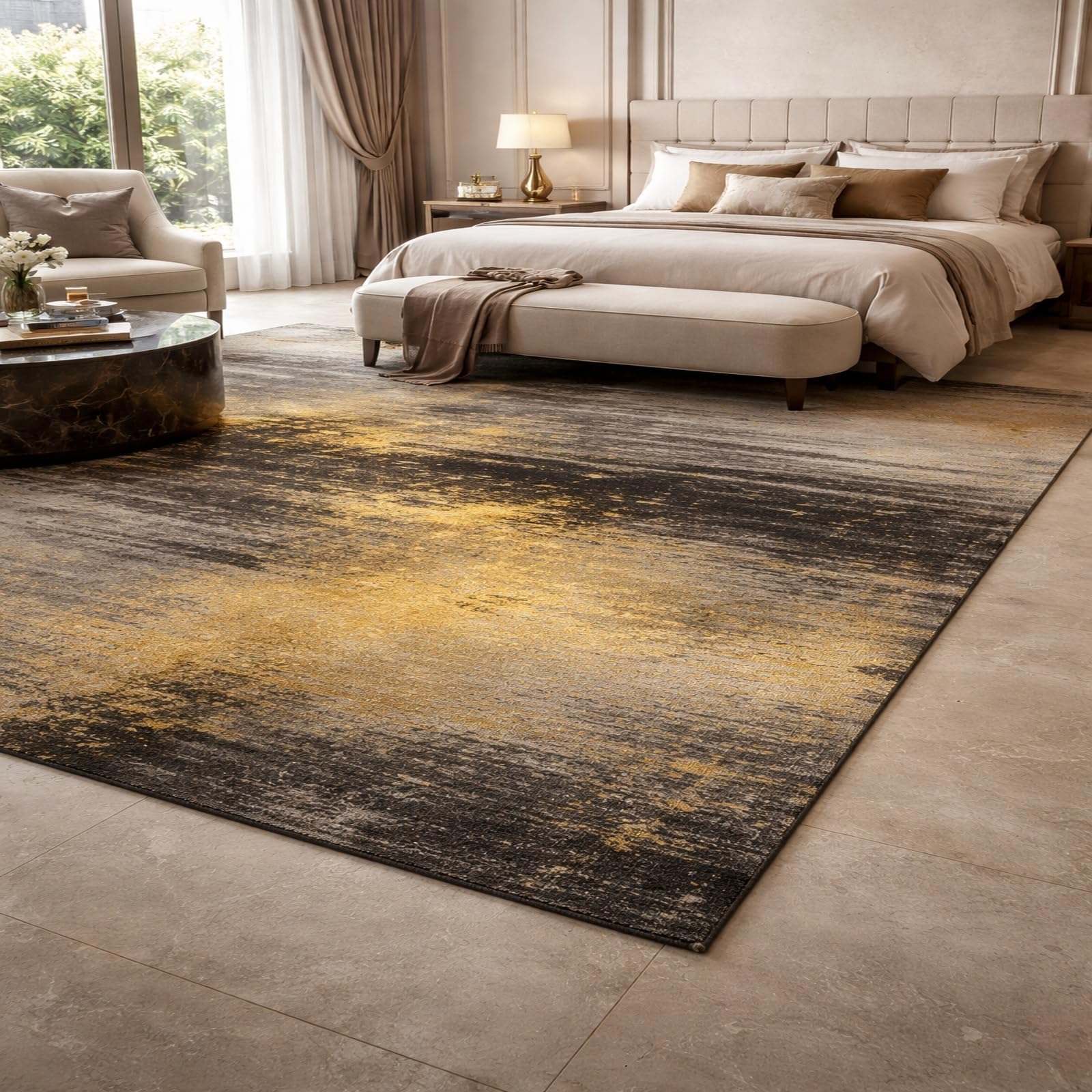 Tapis abstrait jaune noir gris 140x160 cm pour salon moderne