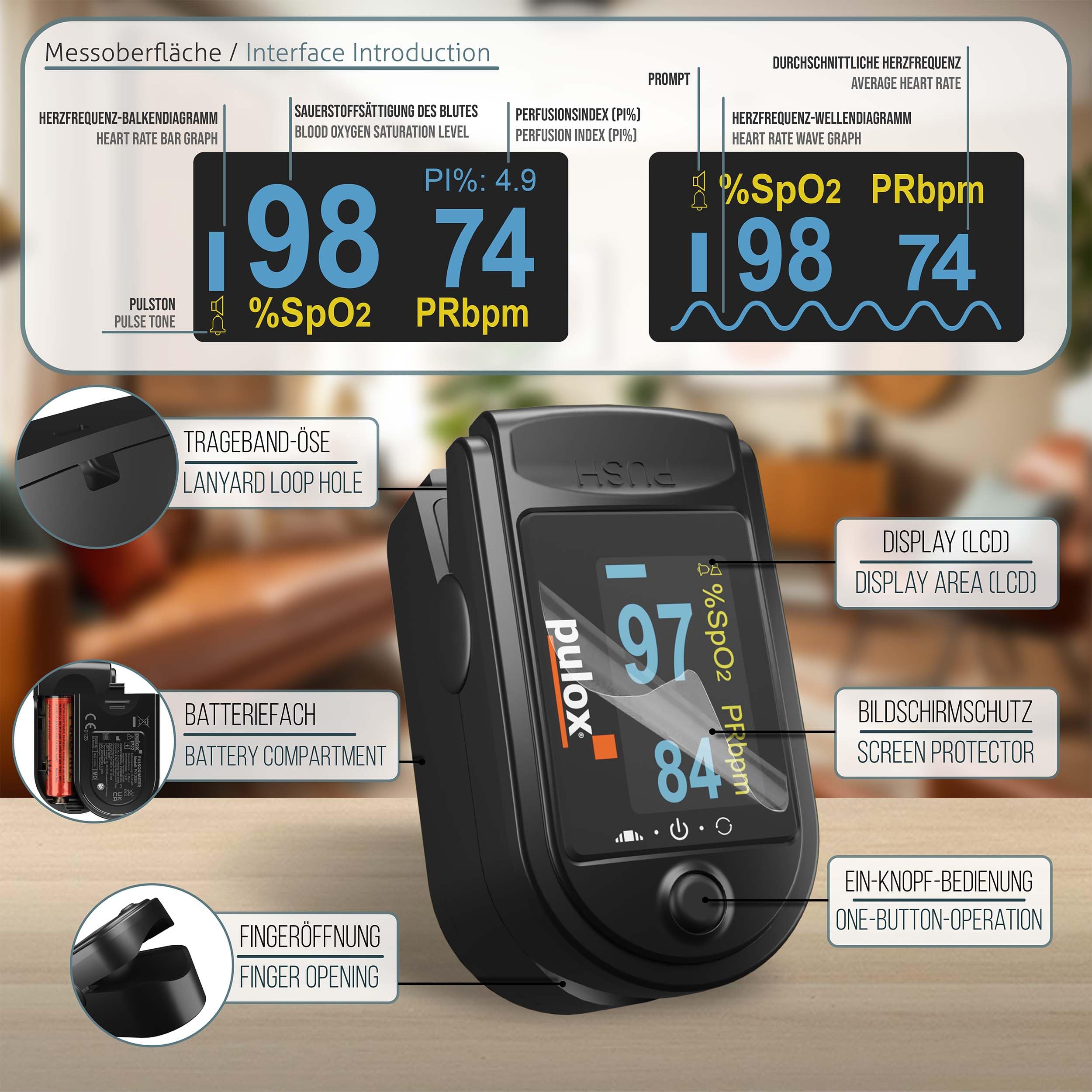Pulox PO-200A Pulsoximeter Schwarz mit Alarm für SpO2, Puls & PI | Mit Pulston, Warnfunktion und Zubehör-Set zur Kontrolle von Sauerstoffsättigung, Herzfrequenz und Perfusionsindex